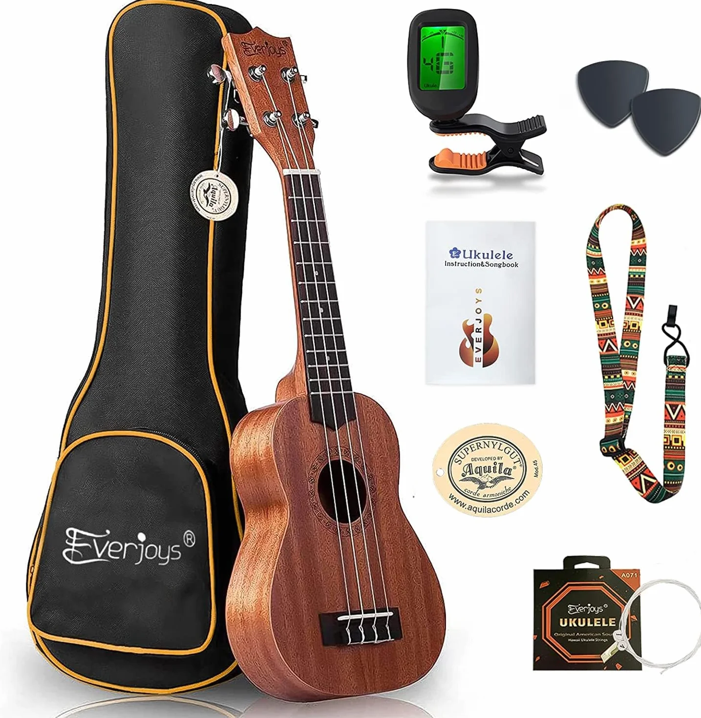 Kit de inicio de ukelele soprano de caoba - Profesional 21 pulgadas con afinador de correa de caja Cuerdas Aquila