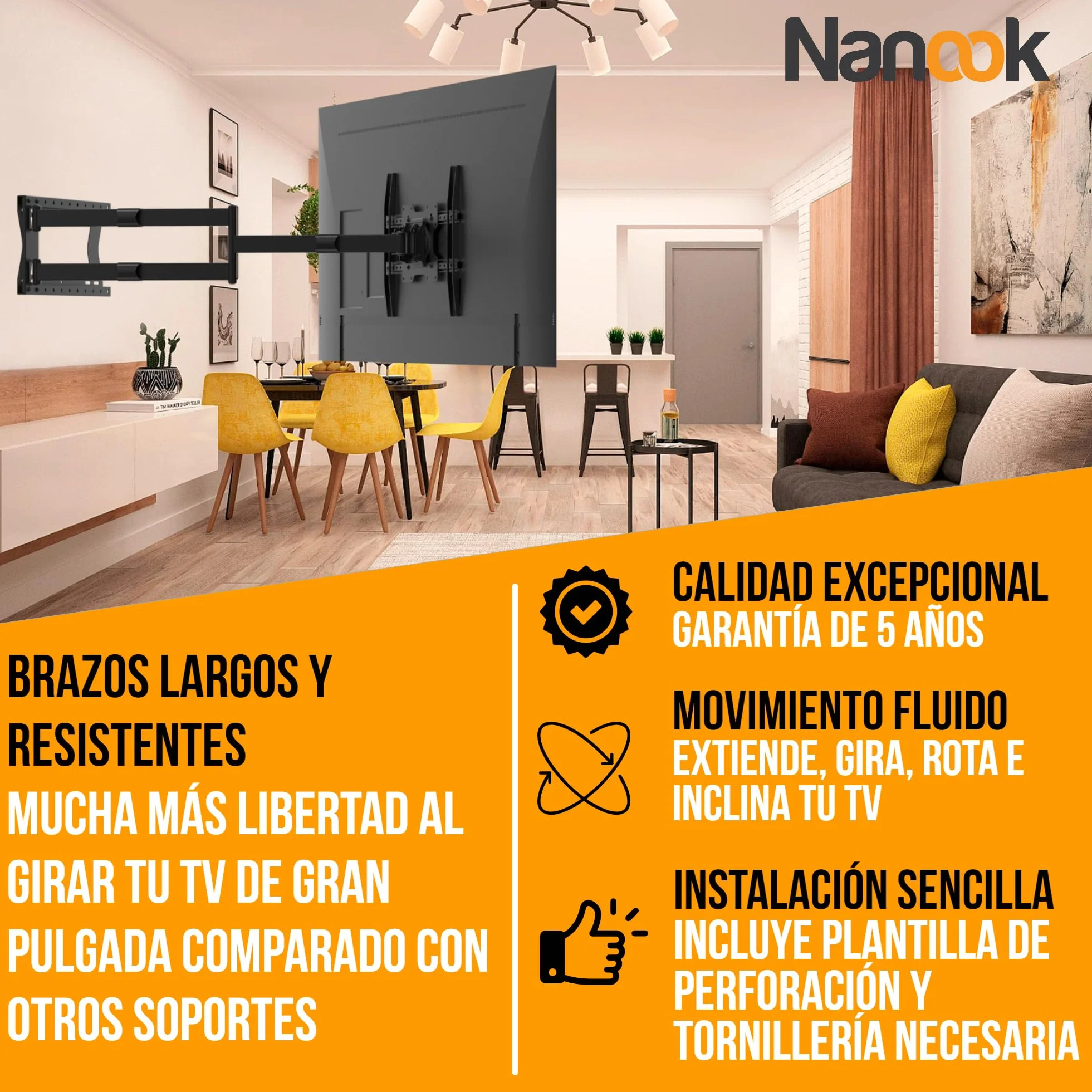 Nanook 2120 Soporte de Pared de Brazo Largo para televisores de 42 a 75 Pulgadas, Extensión Extra Larga de hasta 120 cm, Soporte de TV Que Permite Movimiento Completo, Soporta un Peso de hasta 40 kg