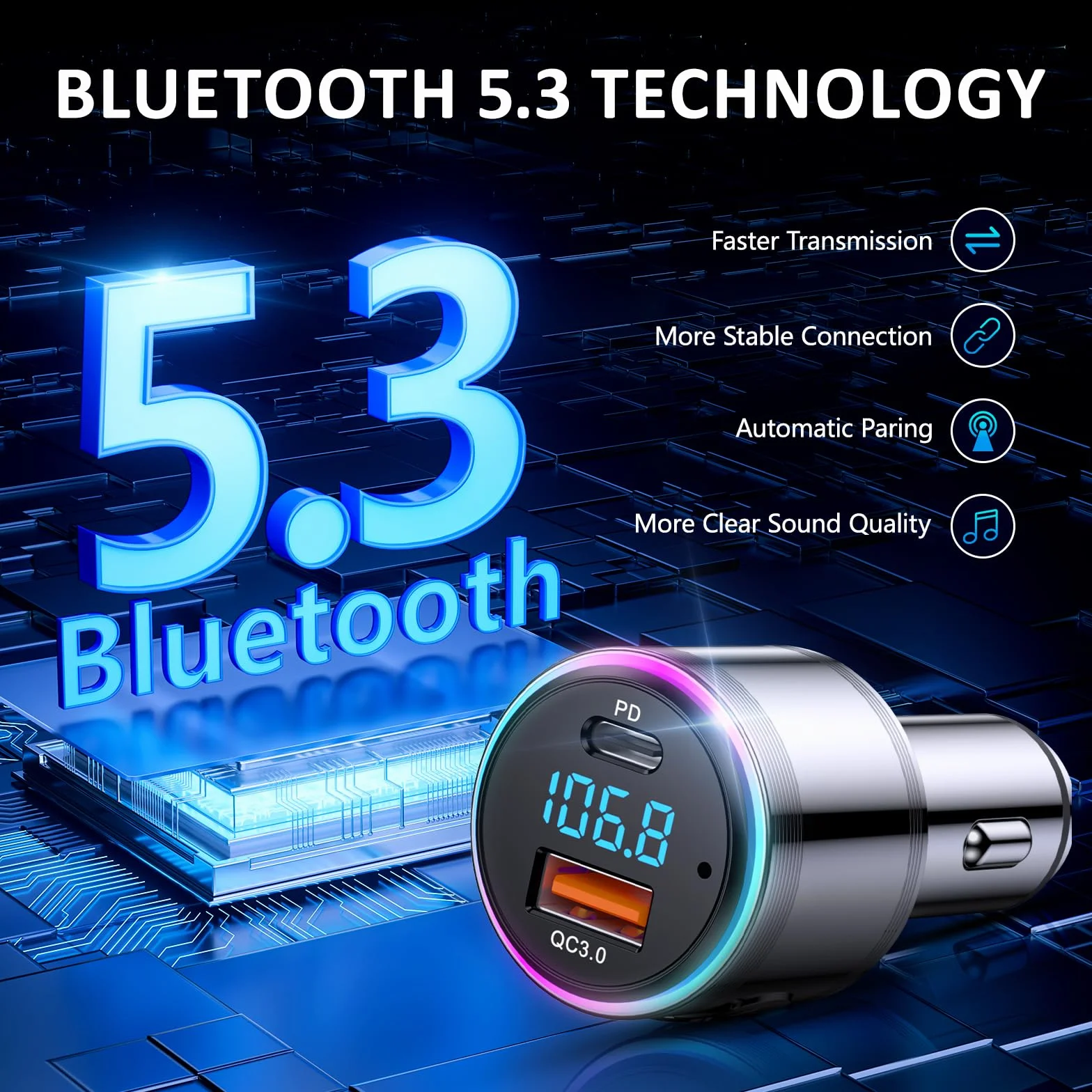 LENCENT Transmisor FM Bluetooth Coche 5.3, Cargador Coche Rápido, PD 30W + QC3.0, Música Alta Fidelidad con Cancelación Ruido, Soporte Llamadas Manos Libres & Asistente de Voz, Totalmente Metálica