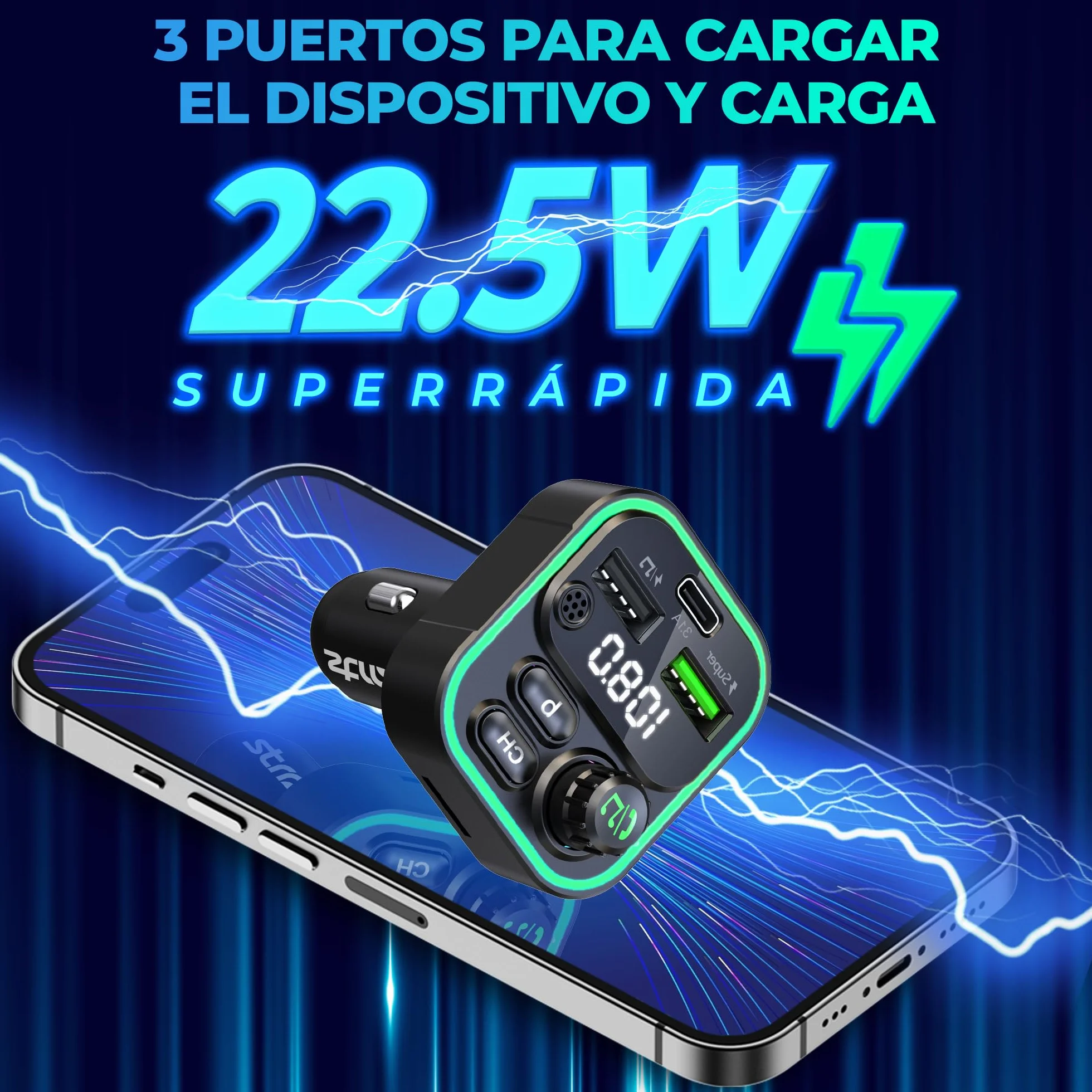 Transmisor FM Bluetooth Coche, Manos Libres, Adaptador Mechero MP3 con Doble USB Carga Rápida 22.5W/4.5A y Tipo C