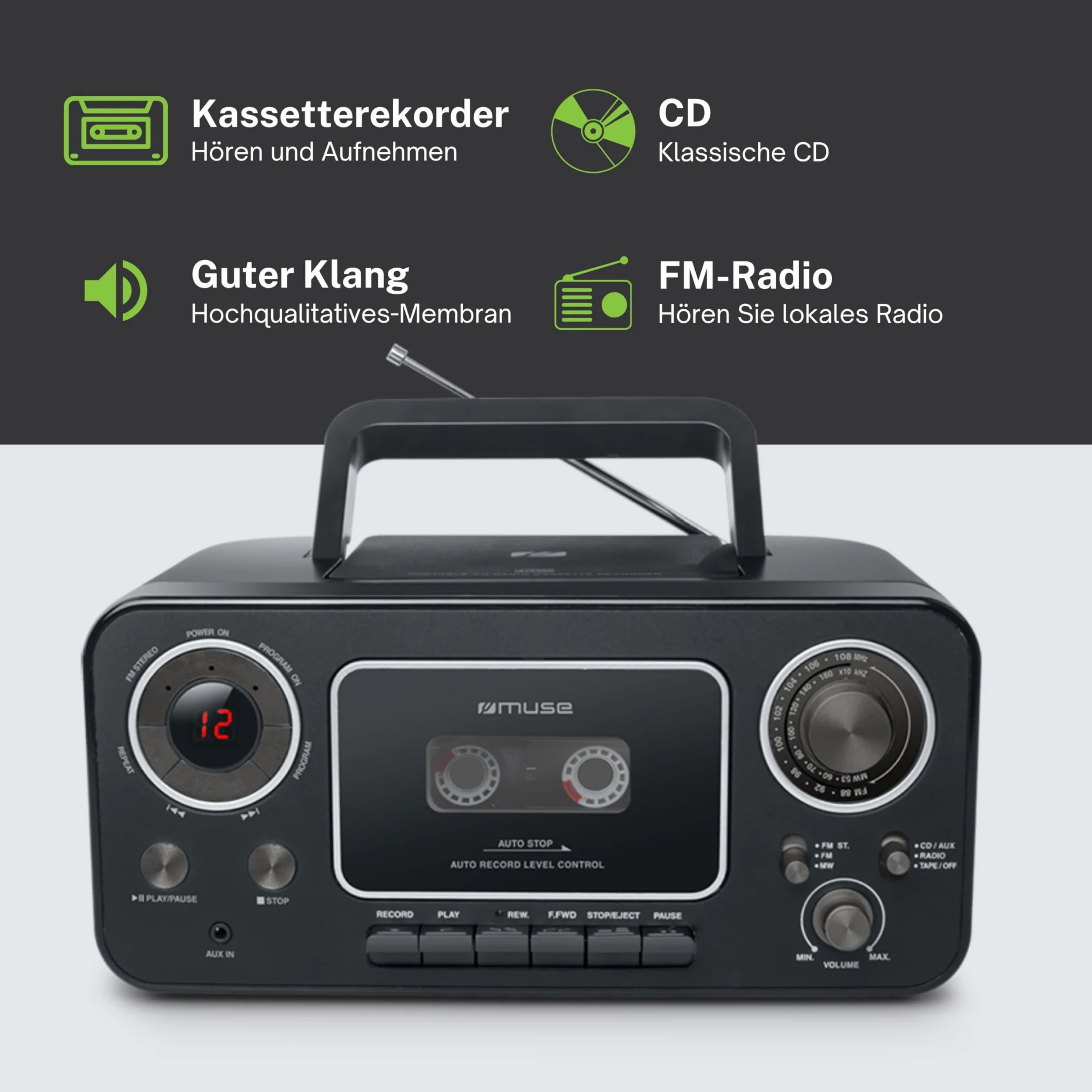Muse M-182 RDC Radiocd CD Radio Cassette, Negro