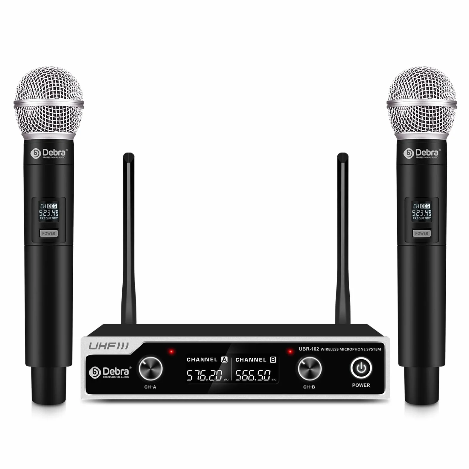 Microfono inalambrico Debra UHF UBR-102 con micrófonos inalámbricos de Diadema de Solapa, Alcance de 260 pies, Adecuado para Iglesias, conferencias, Karaoke, Bodas, DJ y Bares (2 de Mano)