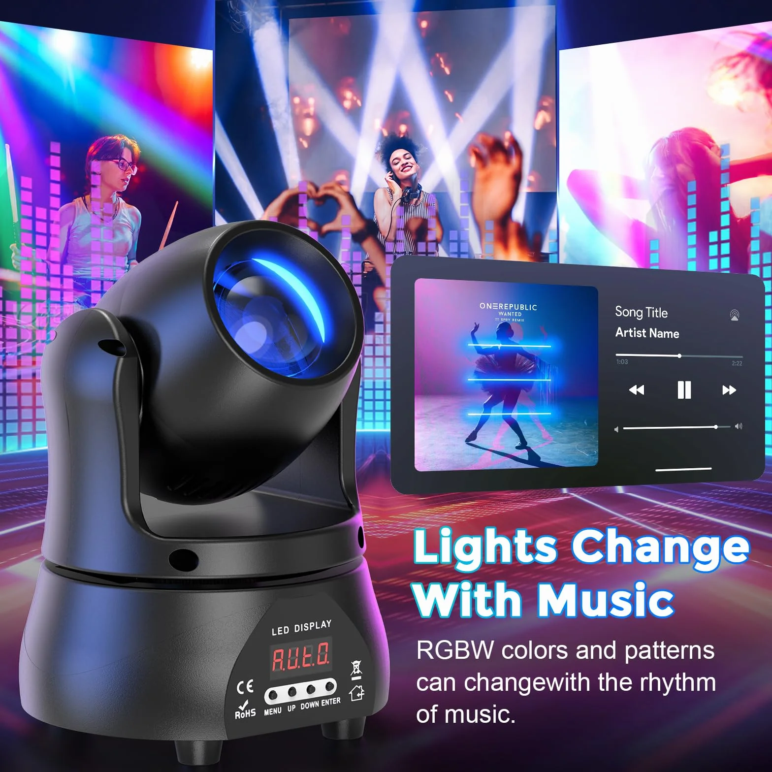 2 unidades 70W Beam Luces de Escenario Cabeza móvil, Mini Luz Disco LED RGBW DMX512 Juego de luz de noche Control de Voz Luz de Fiesta para Club Bar Halloween DJ