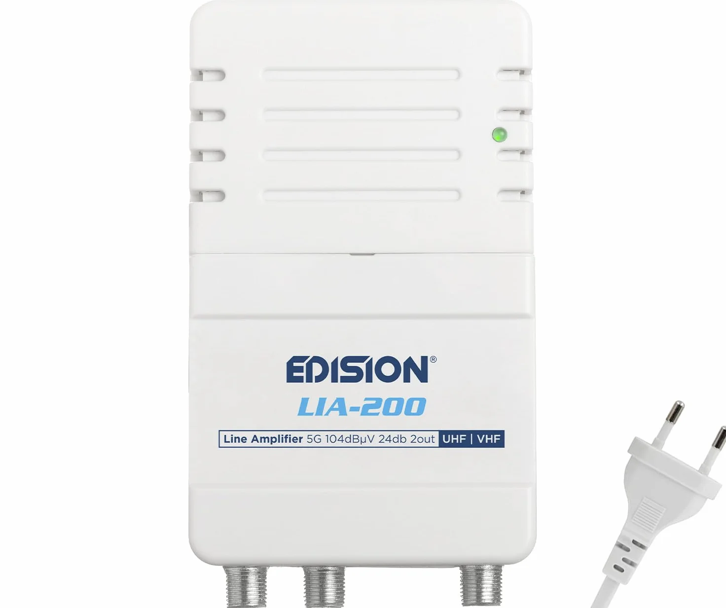 EDISION LIA-200 Amplificador Interior UHF/VHF 12-24dB Ajustable 104dBmV DVB-T/T2 con Filtro 5G LTE 1 Entrada 2 Salidas