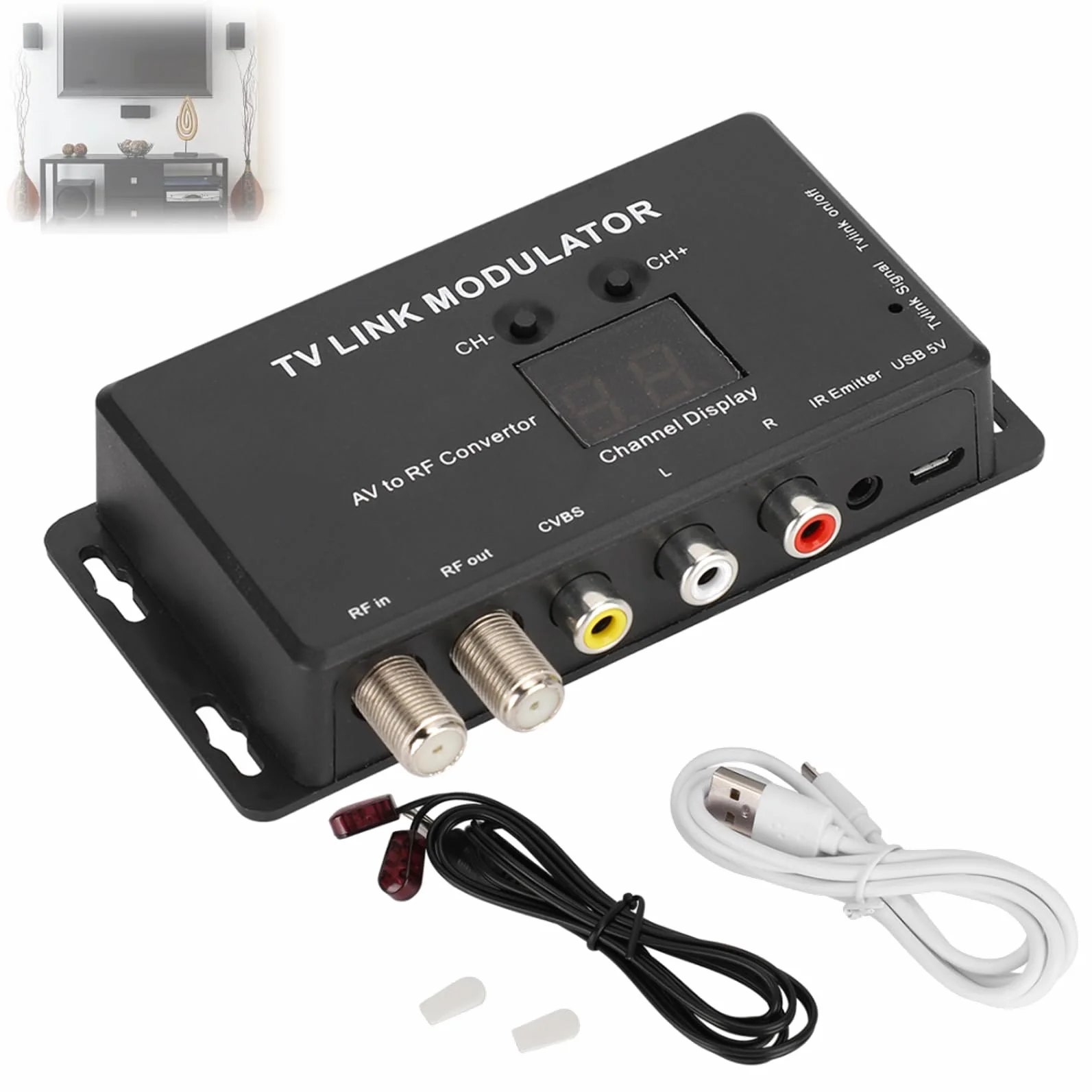Moduladores RF modulador TV TM70 UHF TV Link Modulador Convertidor AV a RF Extensor IR con Visualización de Canales Fácil Instalación y Configuración IR Moduladores de RF