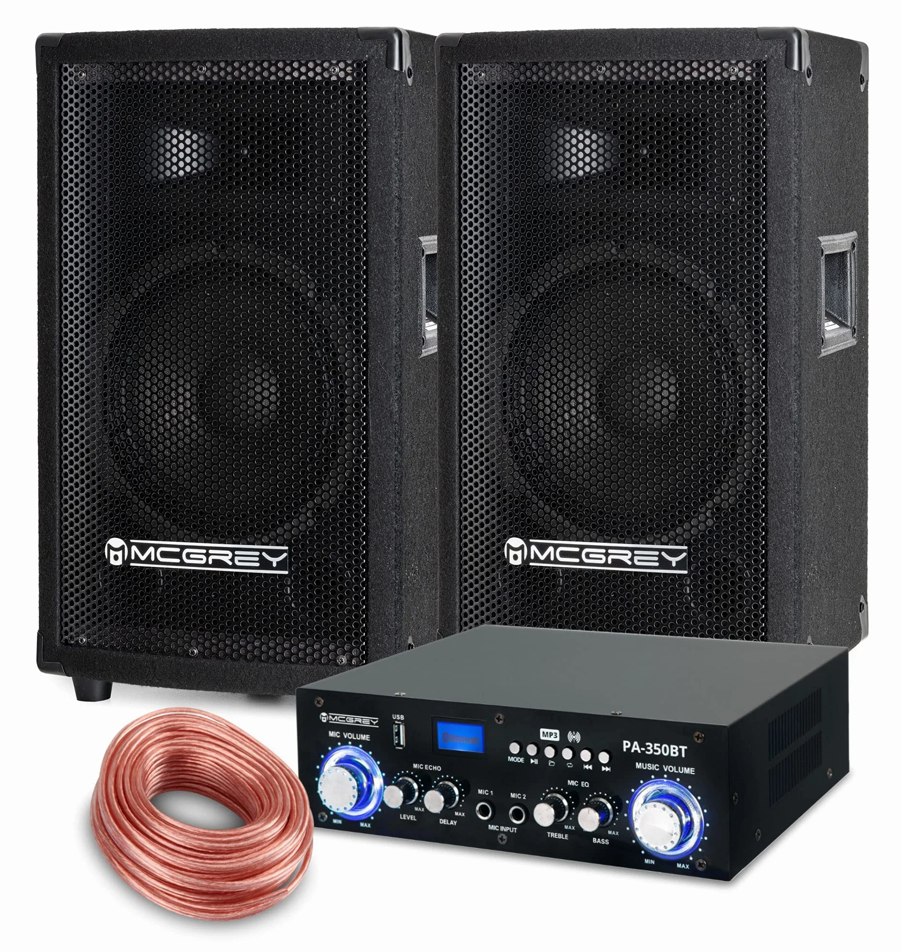 McGrey PA Set Completo Equipo DJ PowerDJ-1000 (Sistema con partybox, Altavoces, 2X 300 vatios, Amplificador Bluetooth, Amplificador, Cable de Altavoz)