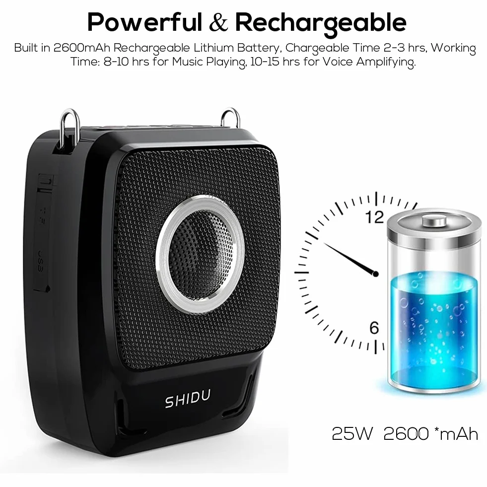Amplificador de Voz Portatil inalámbrica Bluetooth SHIDU 25W Sistema de megafonía de batería Recargable amplificadores Voz con micrófonos Mini Altavoz con micrófono para Profesores, guías turísticos