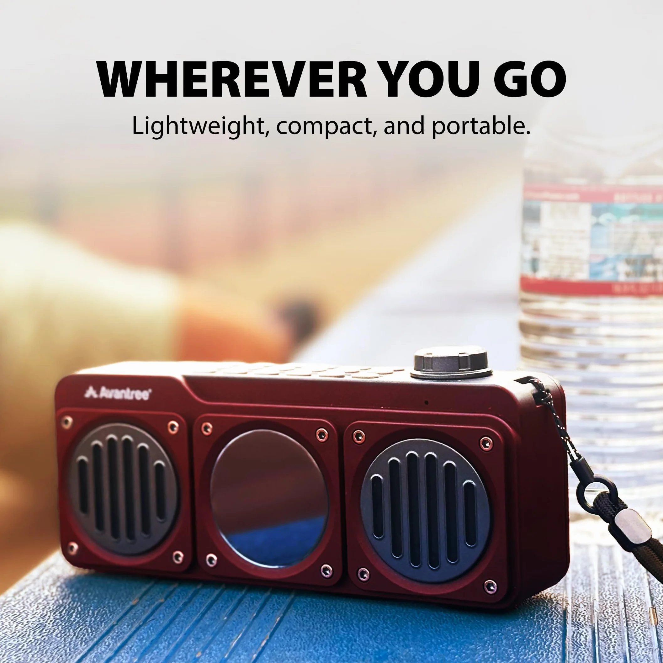 Avantree Boombyte - Radio FM Portátil Pequeña 4 en 1 y Altavoz Bluetooth con Altavoz Duales (14W), Volumen Potente, Sonido Estéreo, Lector Micro SD y Puerto USB, Reproductor de MP3 Recargable - Rojo