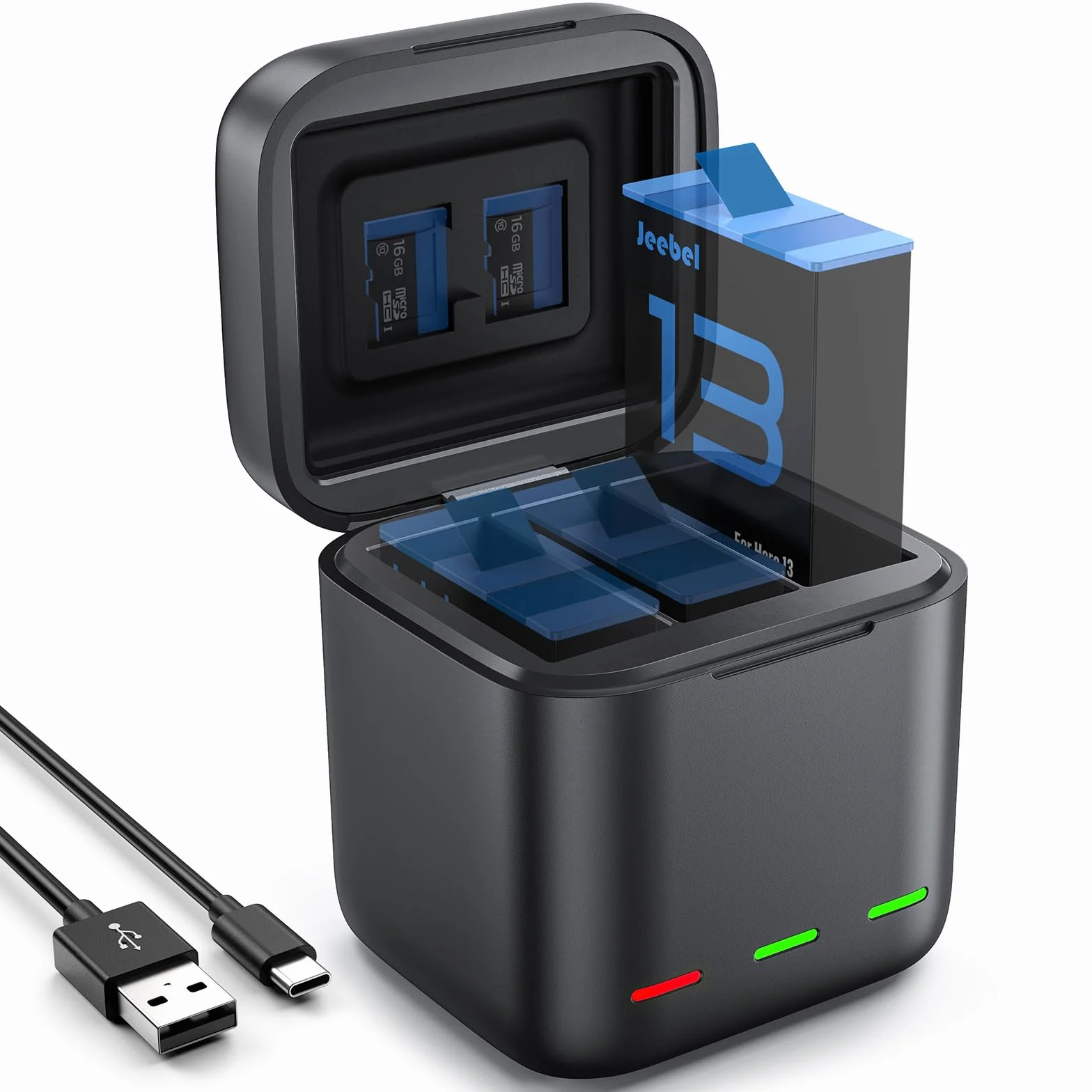 Jeebel Cargador de Batería para GoPro Hero 13 Black — 3-Canales Cargador con Carga Rápida y Cable USB-C — Cargador Compacto Compatible con Batería Original de GoPro Hero 13 Black (Sin Batería)