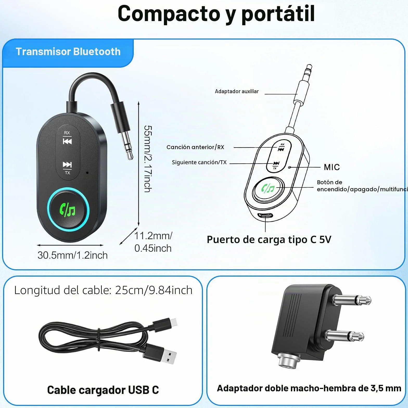 Receptor transmisor Bluetooth 5.3, conector dual para aviones, micrófono para llamadas, adaptador auxiliar 2 en 1 Bluetooth para auriculares, altavoz y coche