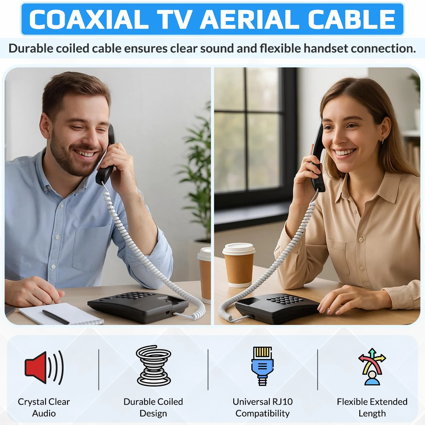 Keple Cable Telefónico RJ10 Espiral 2m Blanco Compatible Cisco NEC ROLM ITT TI