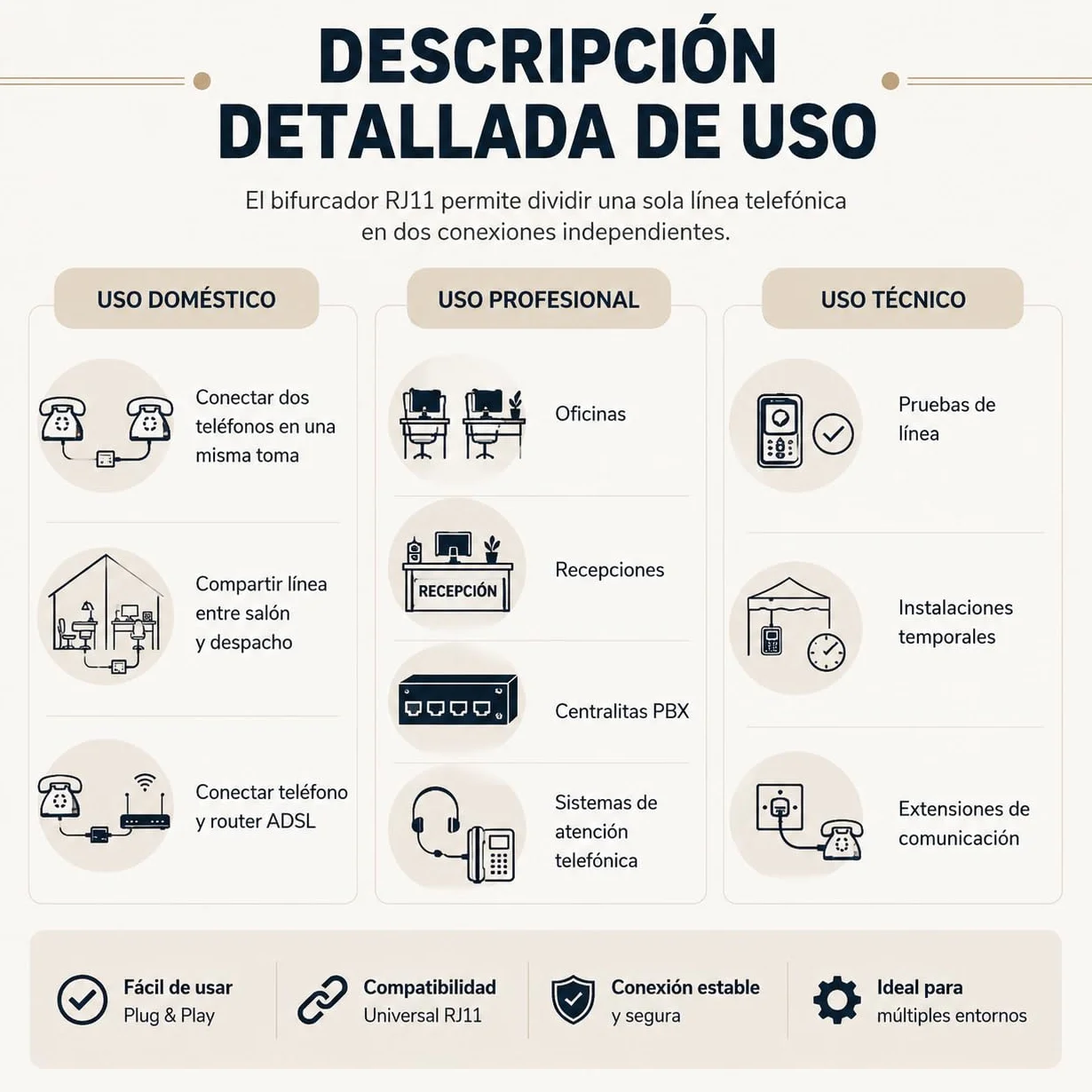 CABLEPELADO Bifurcador de telefono 6P4C RJ11 Macho a Doble RJ11 | Adaptador con cable - Beige
