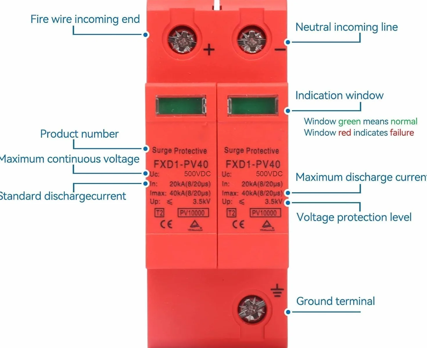 DEWIN Protector contra sobretensiones, dispositivos de protección contra sobretensiones Descargador fotovoltaico de CC 2P 40KA con señal remota, instalación de riel, 2 piezas(DC 500V)