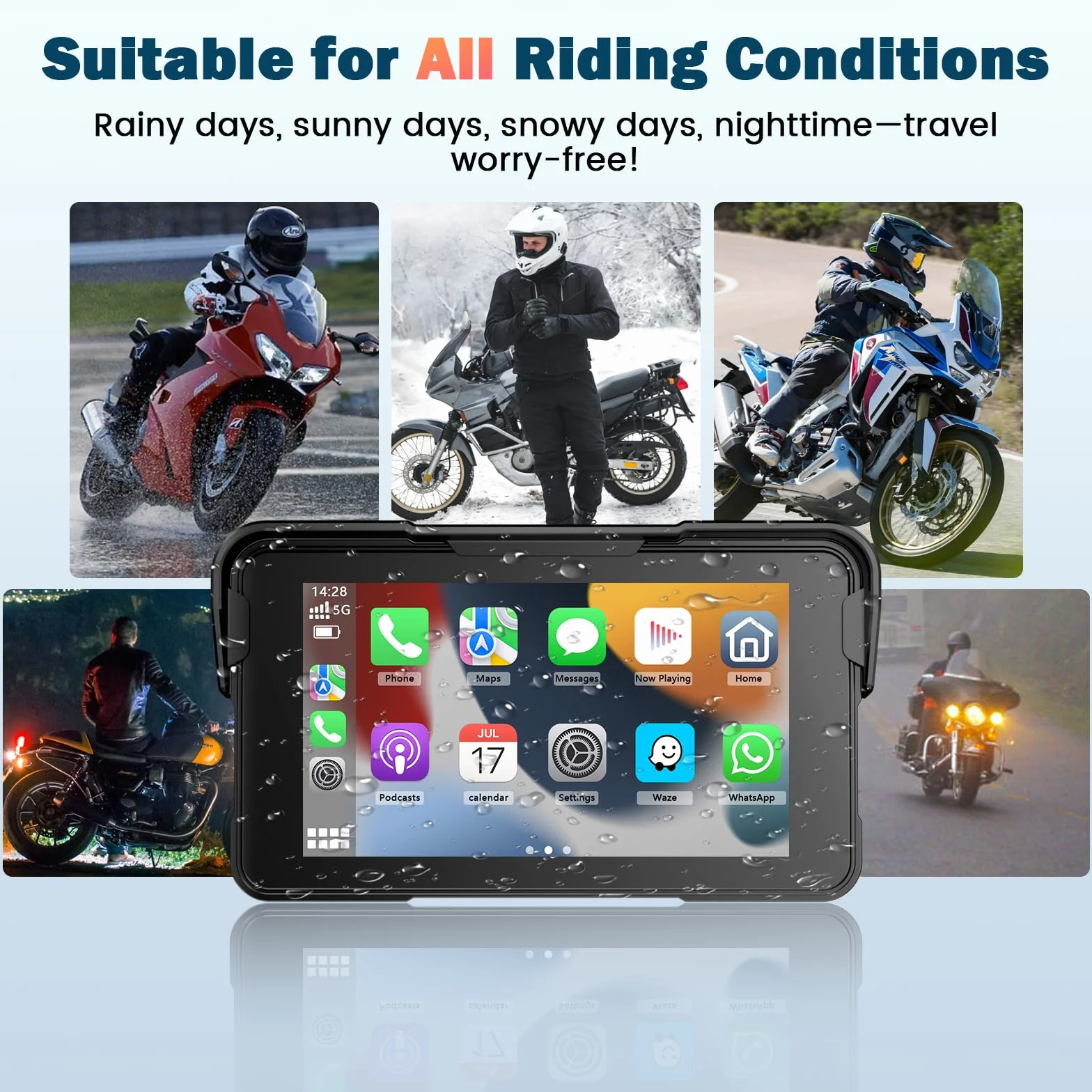 Pantalla Moto Carplay, Inalámbrico CarPlay y Android Auto, 5" Impermeable Táctil GPS Moto con Bluetooth, Navegador, Siri/Google Asistente, Soporte Magnético - Fácil de Instalar y Desmontar