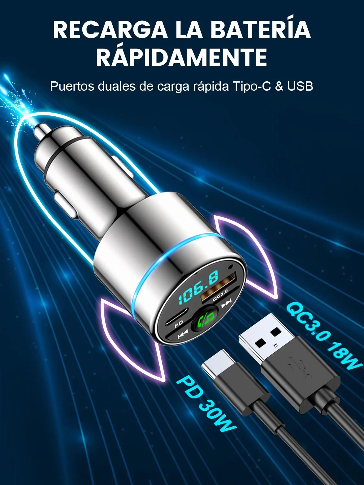 Mohard Transmisor FM Bluetooth Coche 5.3, Metal PD 30W & QC3.0 18W Cargador Coche Rápido, Manos Libres Receptor Música Bluetooth con Cancelación Ruido, con Anillo Luz & Música Alta Fidelida Car