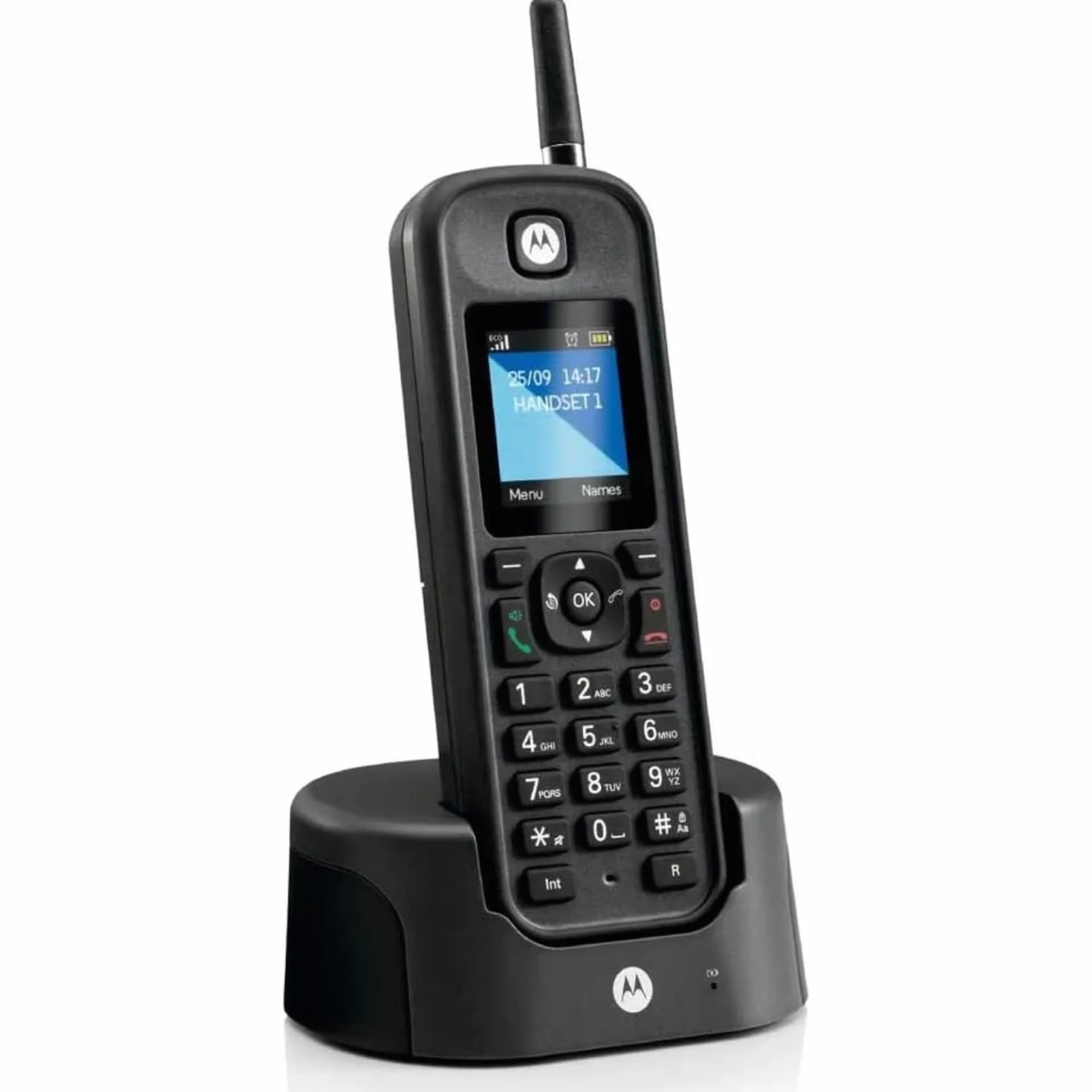 Motorola - O201 Teléfono Fijo Inalámbrico DECT, Identificador de Llamadas, Retroiluminación, Agenda 200 Números, Largo Alcance, Manos Libres, Ideal para Uso Exterior, Negro