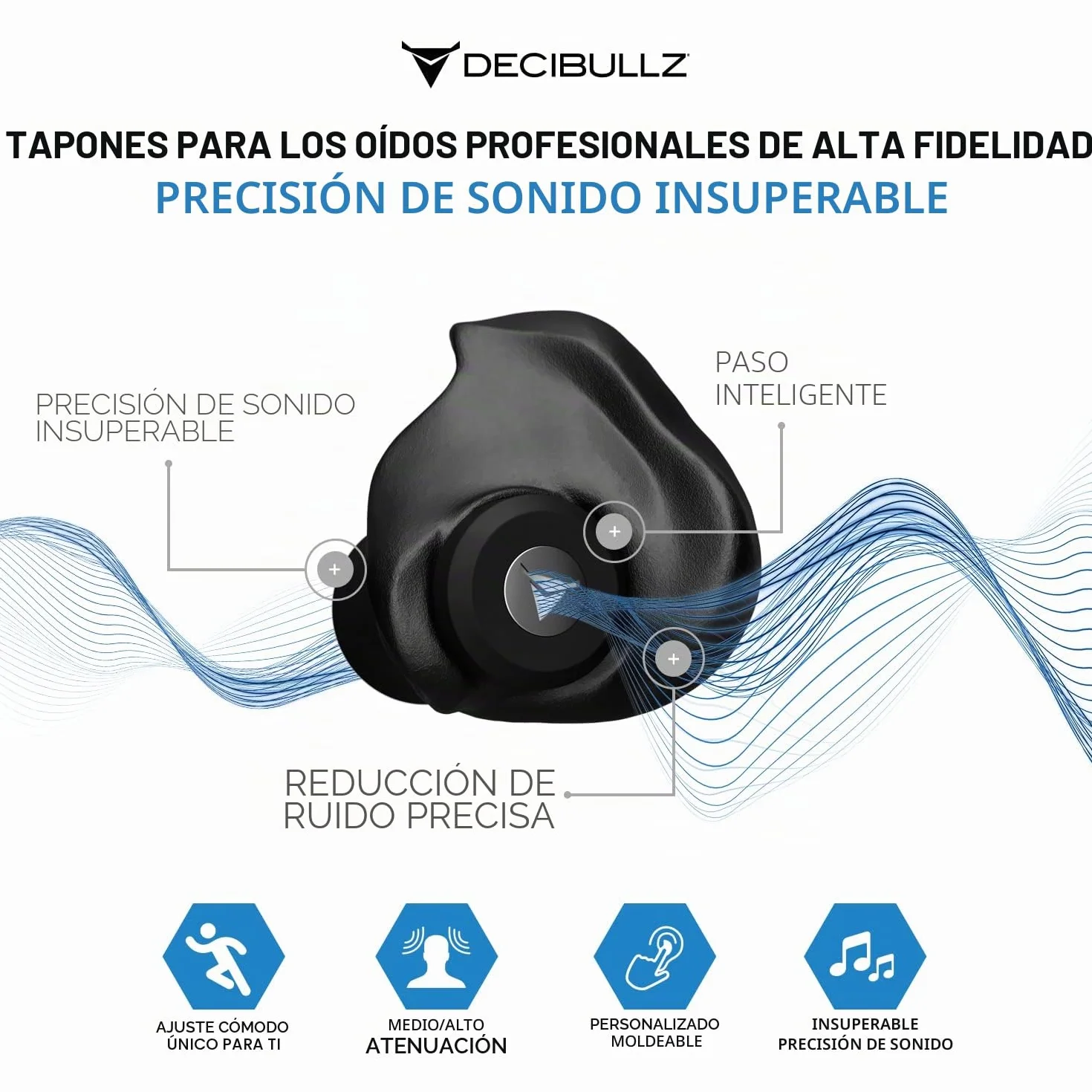 Decibullz Filtros de ruido moldeables profesionales con tecnología de filtración acústica profesional, perfectos para músicos, grabadores y asistentes a conciertos