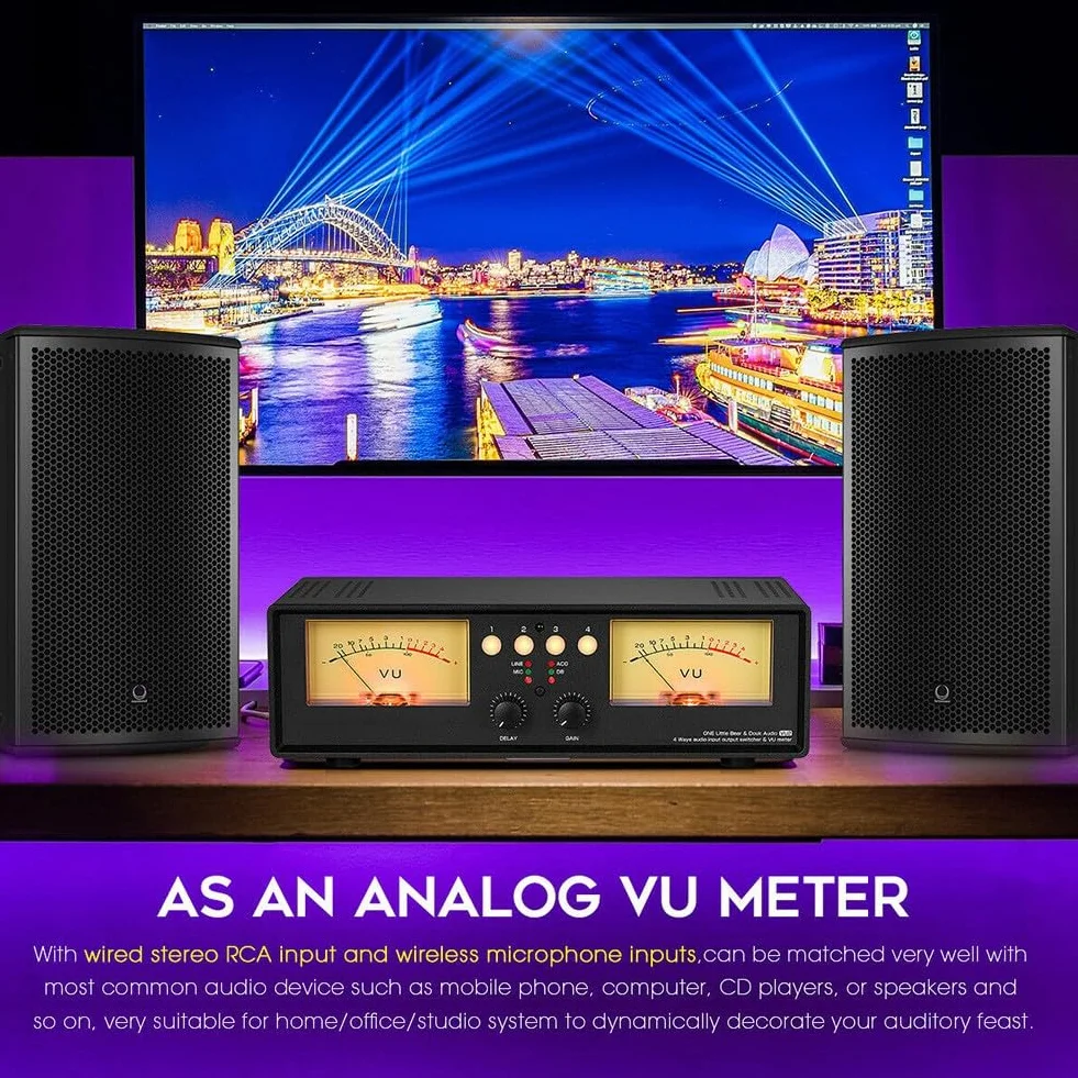 Analógico para medidor dual VU con micrófono de entrada y divisor de audio estéreo, caja de conmutación para oficina en casa, estudio, retroiluminación amarilla/azul
