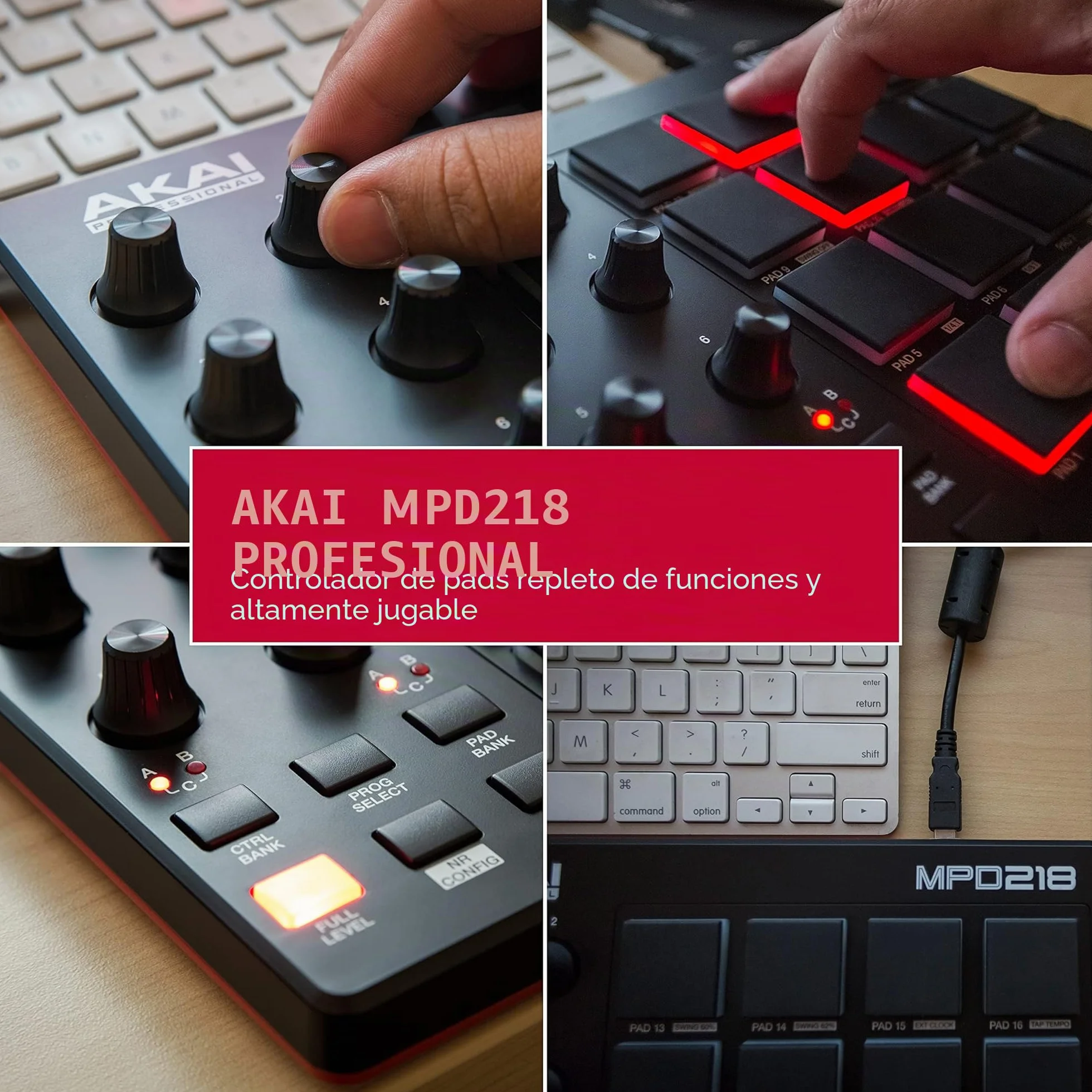 Akai Professional MPD218 - Controlador de Pads MIDI USB con 16 Pads MPC y 6 Knobs Asignables para DAW, Botones Note Repeat y Full Level, y Software de Producción