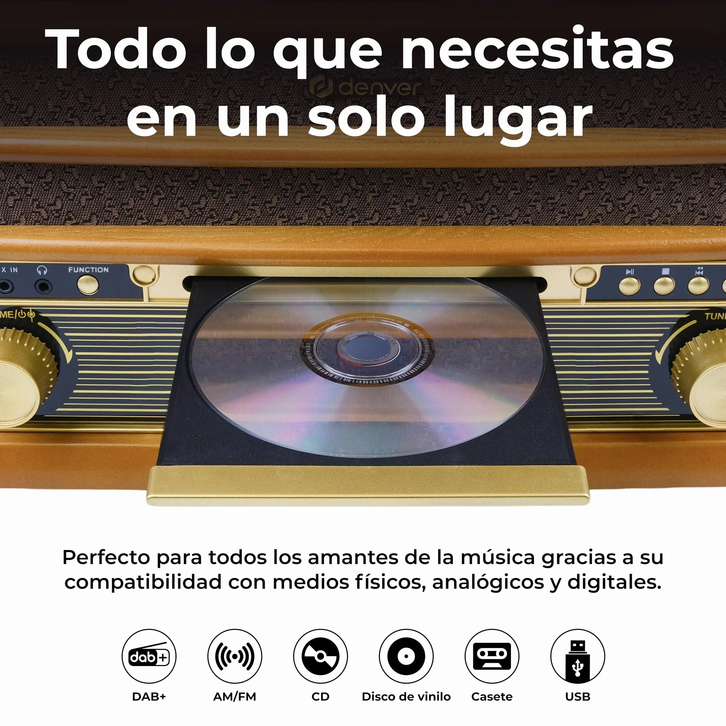 Denver MRD-51 Cadena Musical Retro Madera, Tocadiscos, CD, Casete, Dab+/FM, USB, grabación a USB, Altavoces Integrados