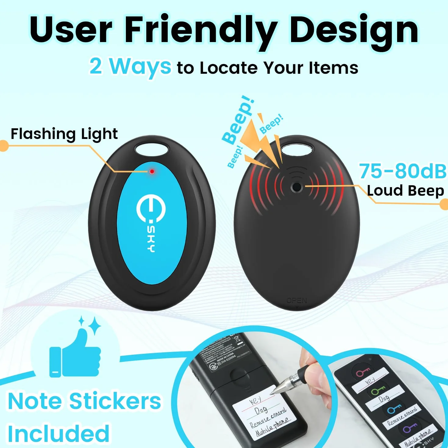 Esky Buscador Llaves, Localizador de Llaves 80dB Localizador Inalámbrico de Llaves con Base de Soporte y LED Control Remoto 1 Radio Frecuencia Transmisor 4 Receptores Negro