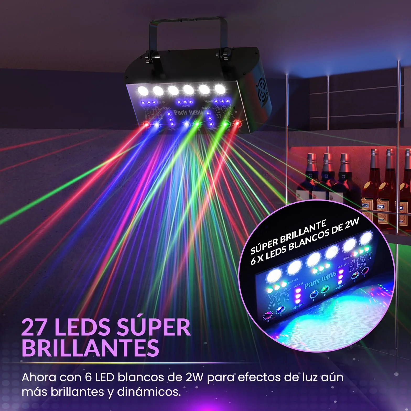 Luces discoteca RGBW & UV con 27 LED y DMX, láser discoteca 3 en 1 con 6 LEDs blancos de 2W, luz estroboscópica y UV, efectos dinámicos para DJ, fiestas y eventos