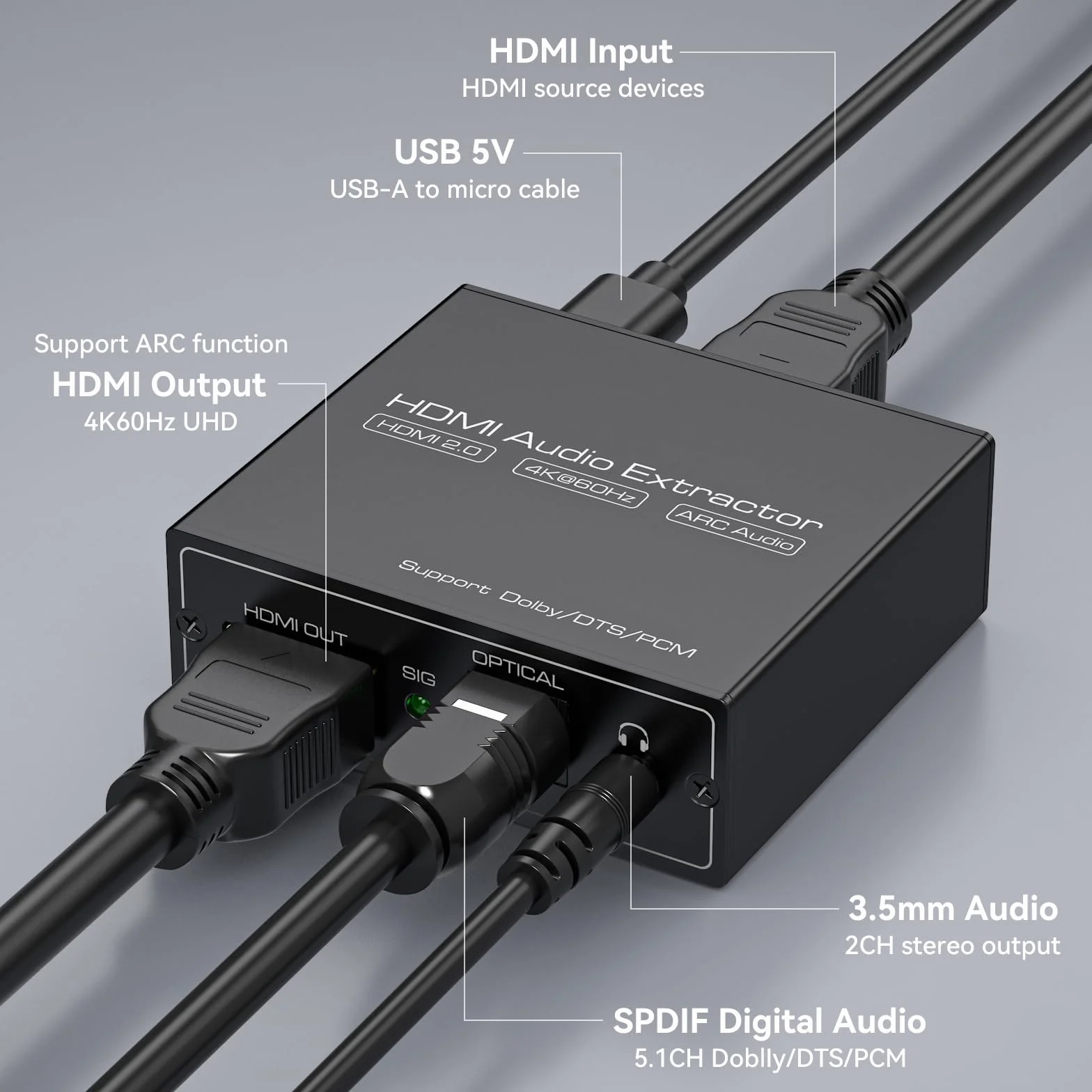 VEDINDUST HDMI ARC Audio Extractor Converter 4K@60Hz SPDIF TOSLINK Óptico 3.5mm LPCM 7.1 DTS DSD