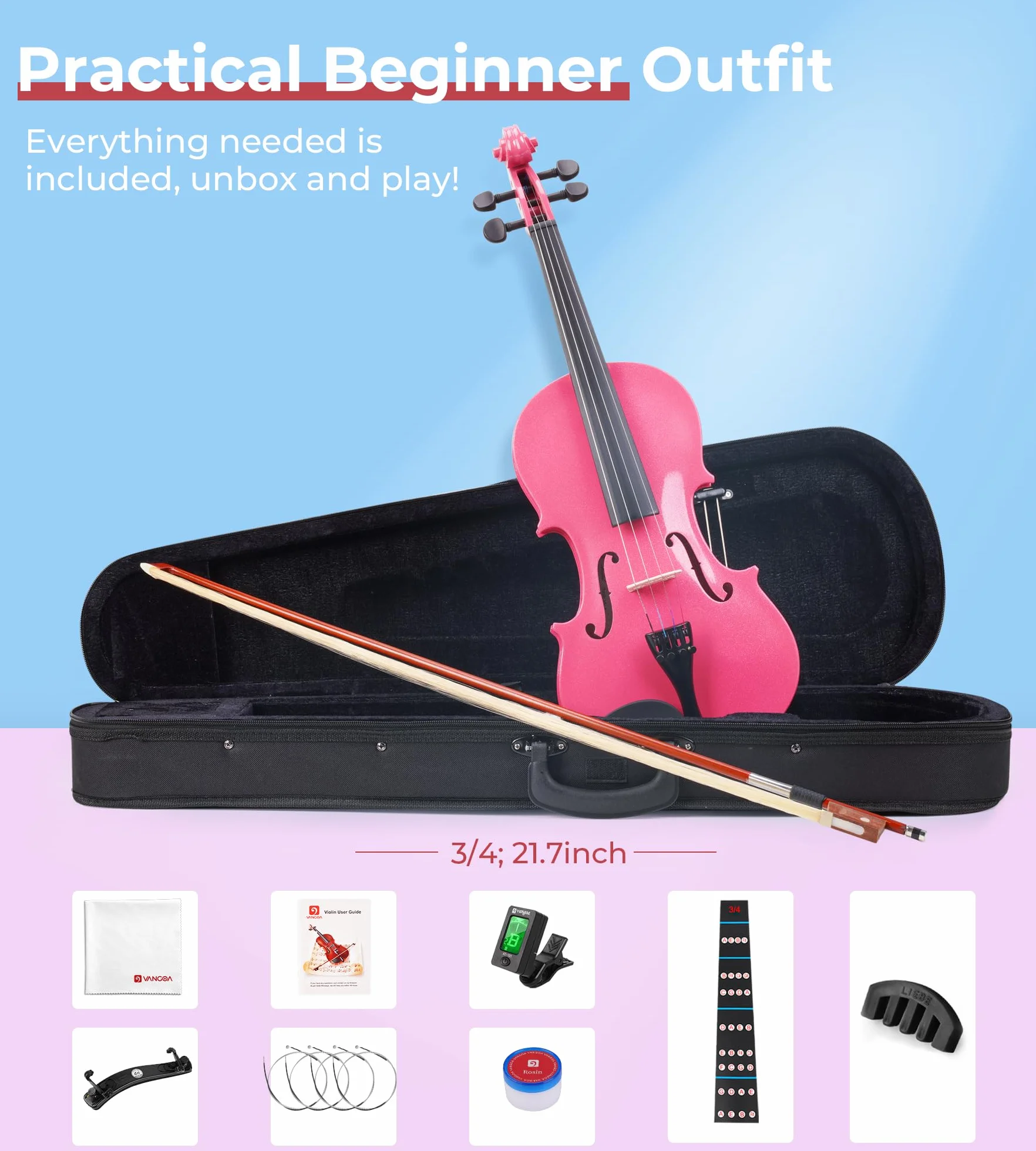 Vangoa 3/4 Violín Acústico Tres Cuartos Violin Set para Principiantes, Estudiantes, Niños con Estuche Colofonia Afinador Cuerdas Arco, Rosa