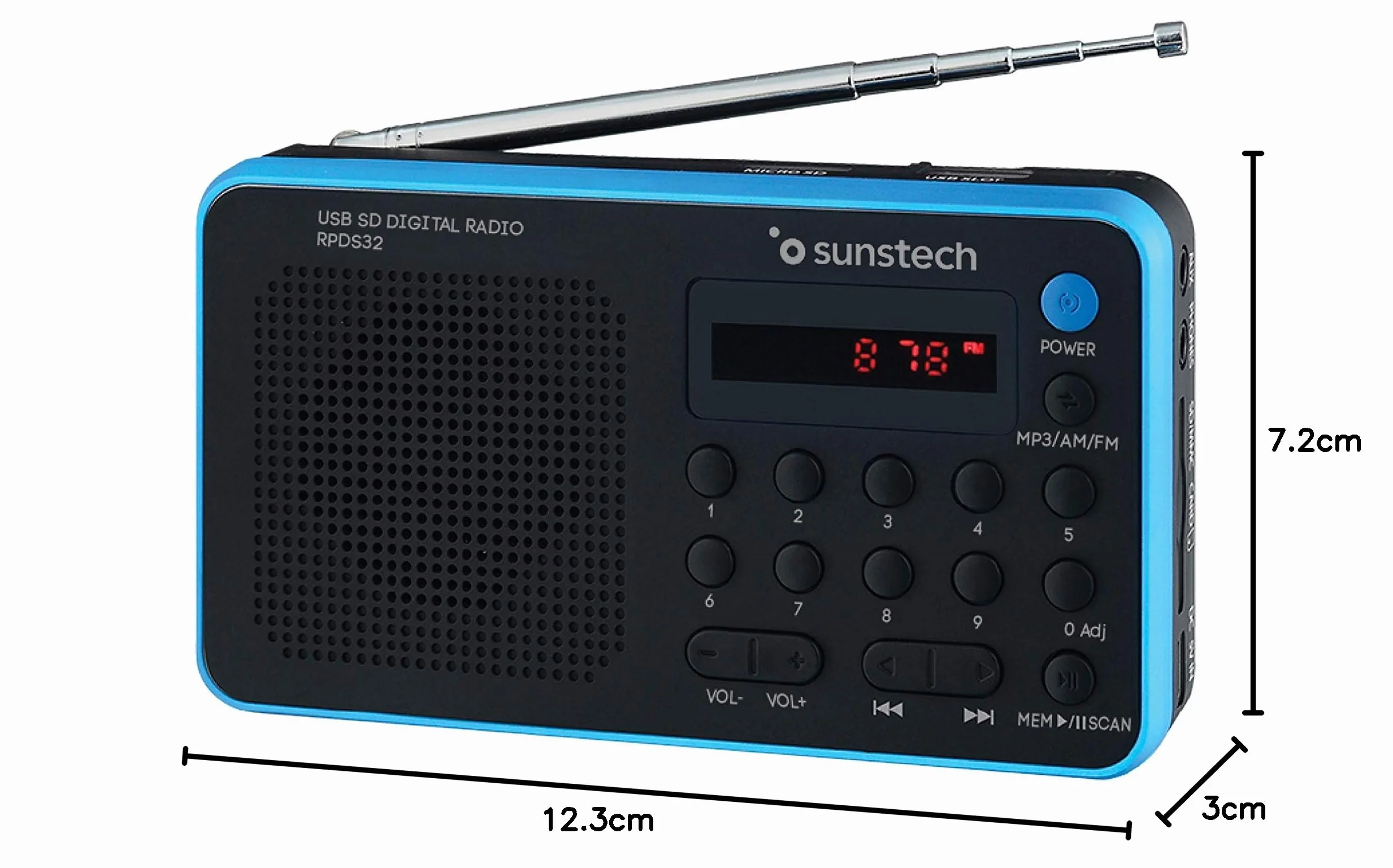 Sunstech RPDS32BL - Radio portátil Digital (Am/FM, USB, SD, MMC, 1.5 W), Color Azul