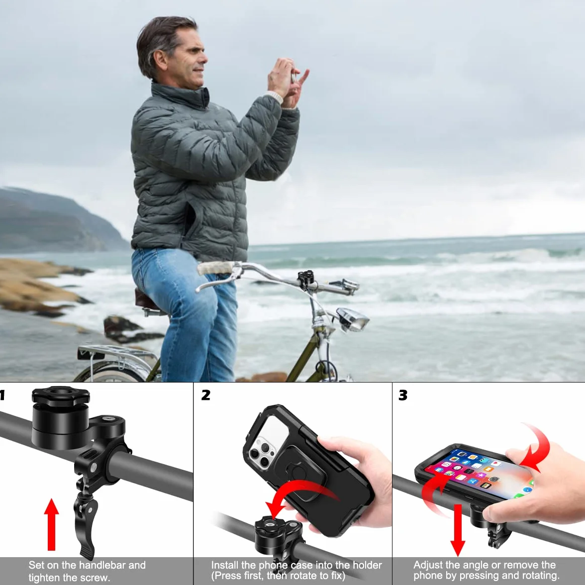 Soporte Movil Moto Impermeable 360°Rotación Universal Soporte Movil Bicicleta Desmontable con Pantalla Táctil, Anti Vibración Soporte para Telefono Movil de Motocicleta para 5.5"-6.8" Movil (L)