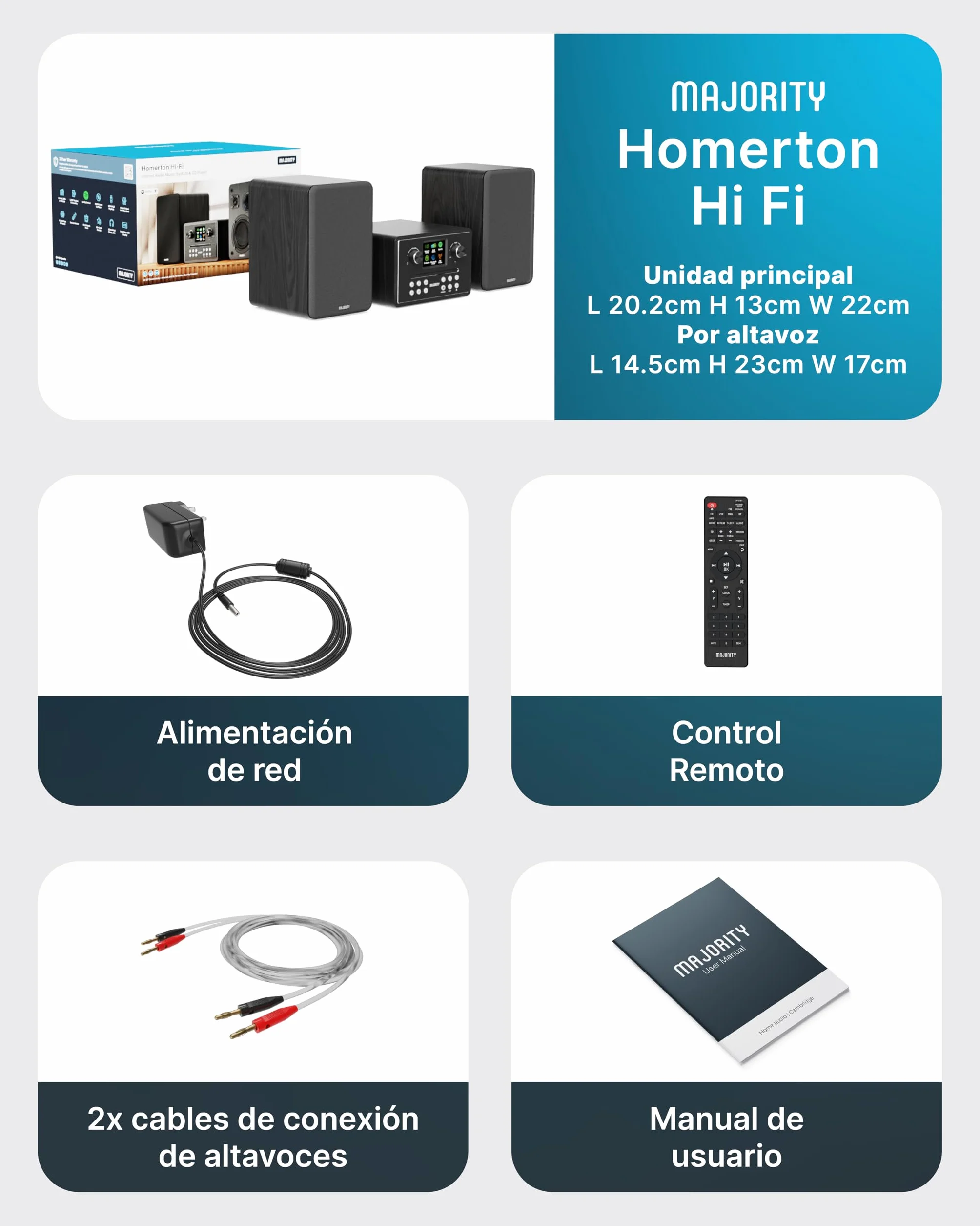 MAJORITY Homerton HiFi Equipo de Música | Reproductor de CD, Radio Internet WiFi, Dab/Dab+ Radio Digital y FM | Minicadena con Bluetooth 5.3, Reproducción USB, Spotify Connect y Control por App OKTIV