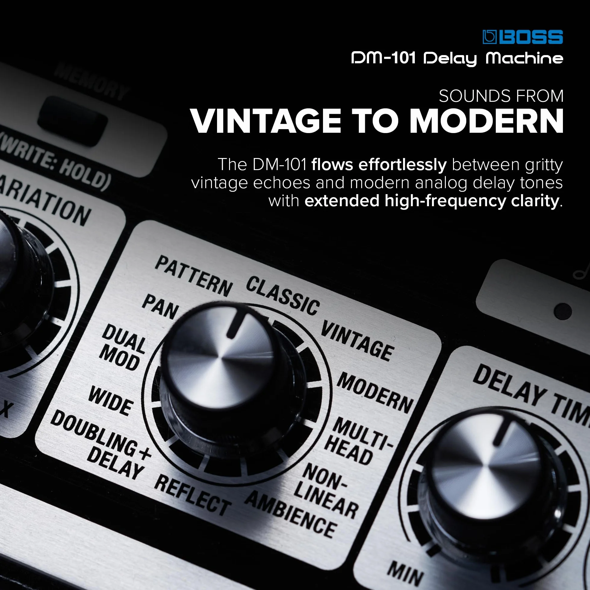 BOSS DM-101 Delay Machine | Pedal de delay analógico definitivo con tecnología avanzada | Sonido cálido, saturado y muy musical | 12 modos diferentes | Operación estéreo | 127 memorias de usuario