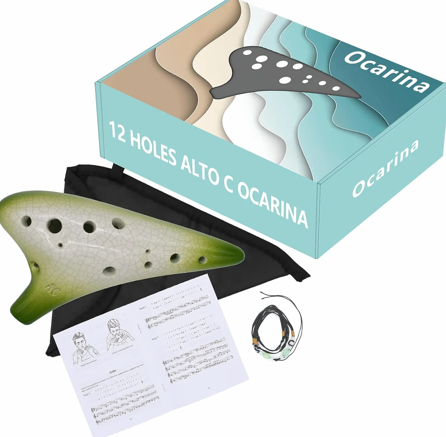 Legend of Zelda Ocarina Alto C de 12 agujeros con libro de texto y bolsa protectora, perfecta para principiantes y rendimiento profesional (verde degradado agrietado)