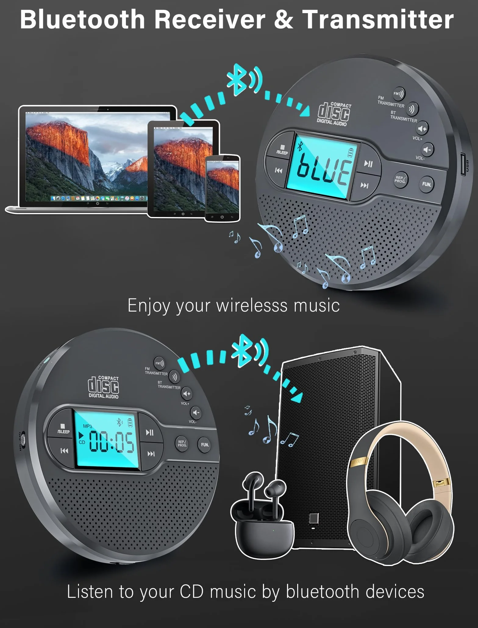 Reproductor de CD con transmisor FM Bluetooth, pantalla LCD, 2000 mAh recargable, gris claro
