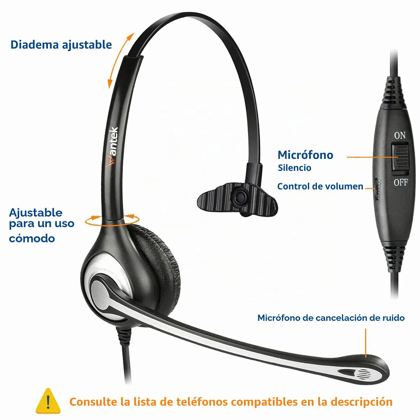 Wantek Auriculares Teléfono Fijo RJ9 Mono, Micrófono Cancelación Ruido, Cascos Control Volumen para ShoreTel Plantronics Polycom Zultys NEC Nortel Norstar Meridian F600S2