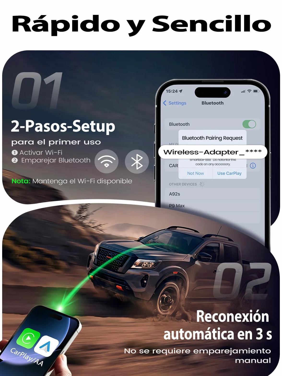 Adaptador CarPlay Inalámbrico - Cambio entre 2 Móviles con Botón, Android Auto Inalámbrico, Ultra Mini, Conexión Estable sin Sobrecalentamiento, Compatible con iPhone (iOS 10+) y Android 10+, USB-A/C