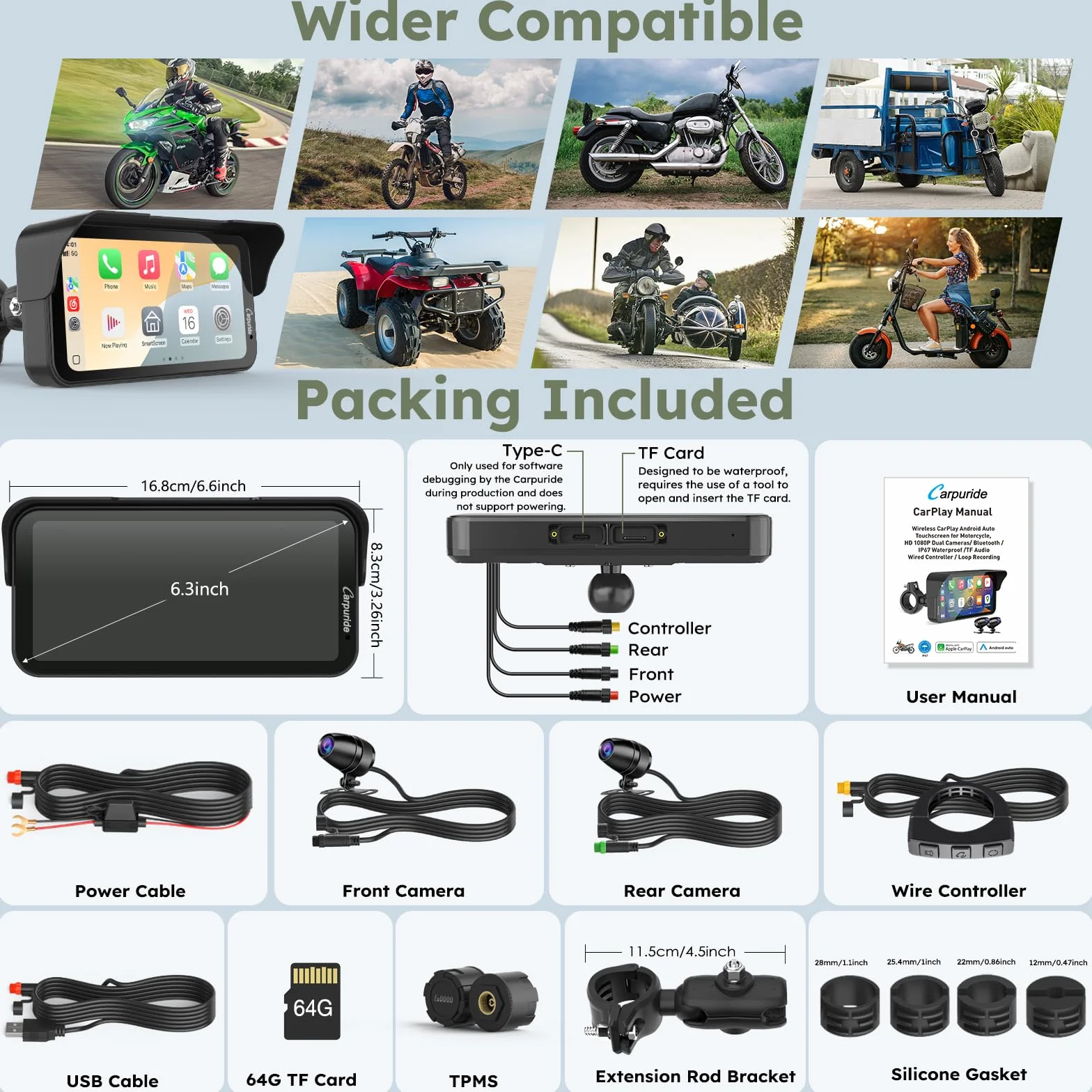 Carpuride Pantalla GPS de motocicleta CarPlay de 6.3 pulgadas sin cables CarPlay y Android Auto para Moto, con cámara doble y TPMS, control remoto, impermeable IP67, BT Audio, grabación en bucle