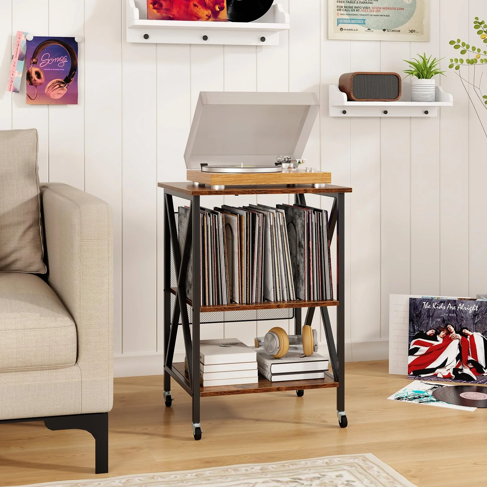GIANTEX Soporte para Tocadiscos con Estación de Carga, 52 x 45 x 75 cm, Mesa Auxiliar con Espacio para Almacenar Discos de Vinilo, con 4 Ruedas, Estantería de Discos para Salón, Dormitorio (Marrón)