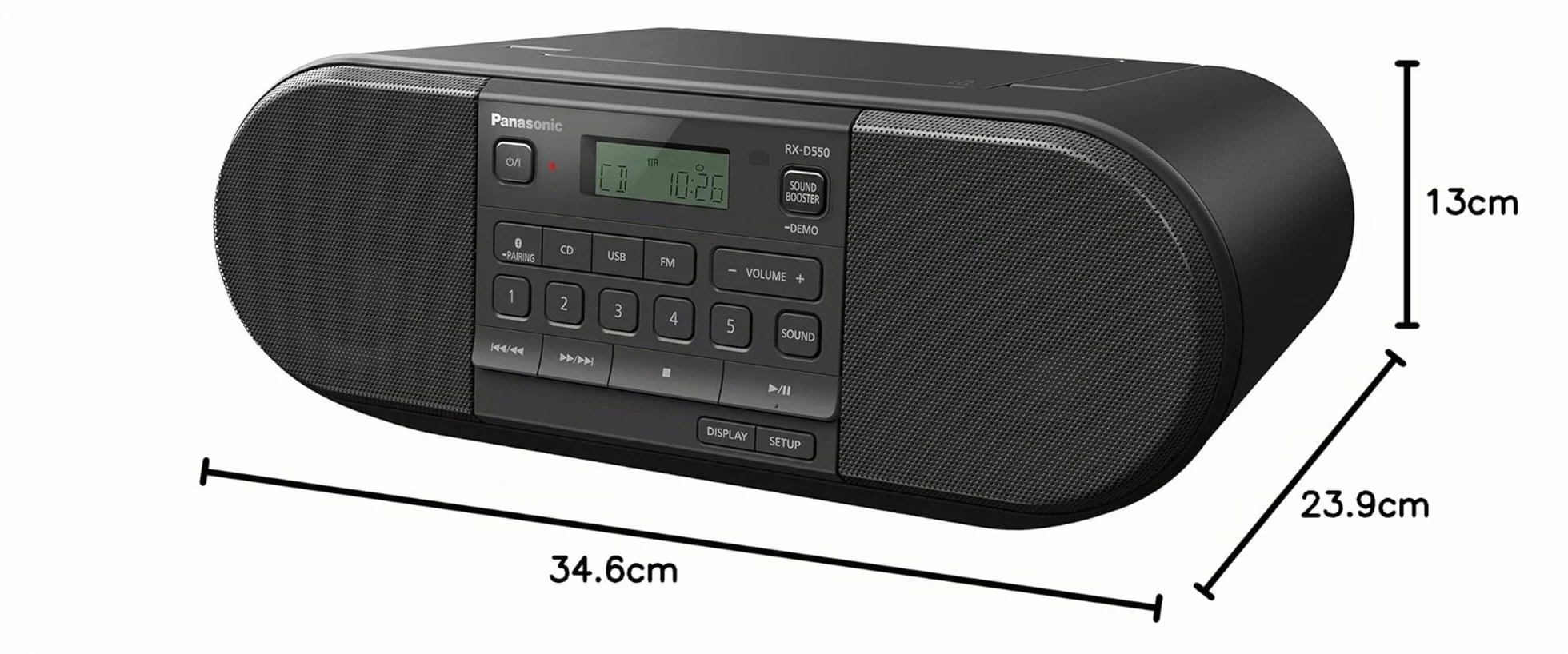 Panasonic RX-D550E-K Boombox (Radio FM, Reproductor CD, Altavoz Portátil, USB, Bluettoth, Funcionamiento con Batería y Cable) - Negro