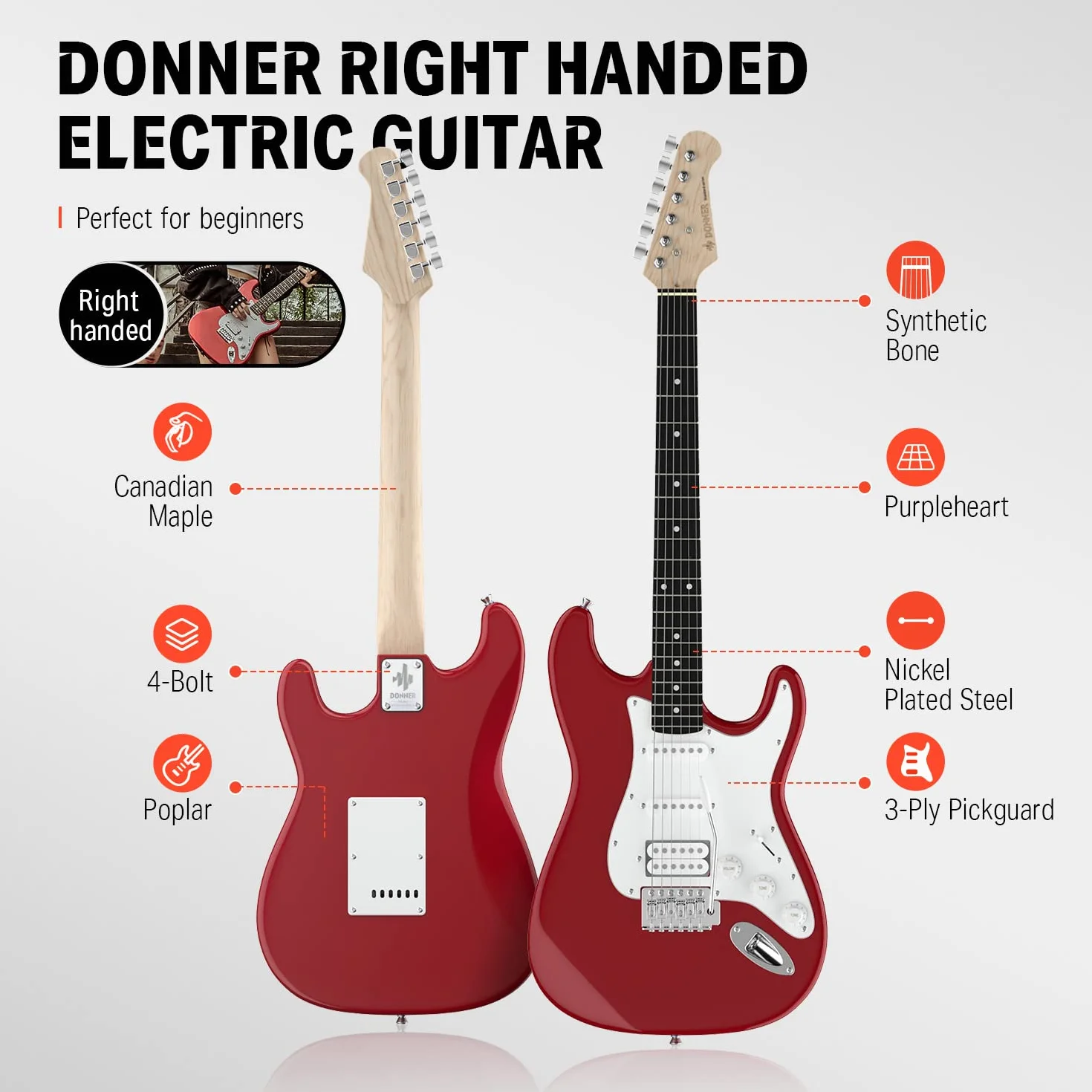 Donner Guitarra Eléctrica Tamaño Completo 39 Pulgadas con Amplificador, Bolsa, Capo, Correa, Cuerda, Sintonizador, Cable y Púas (Rojo, DST-100R)