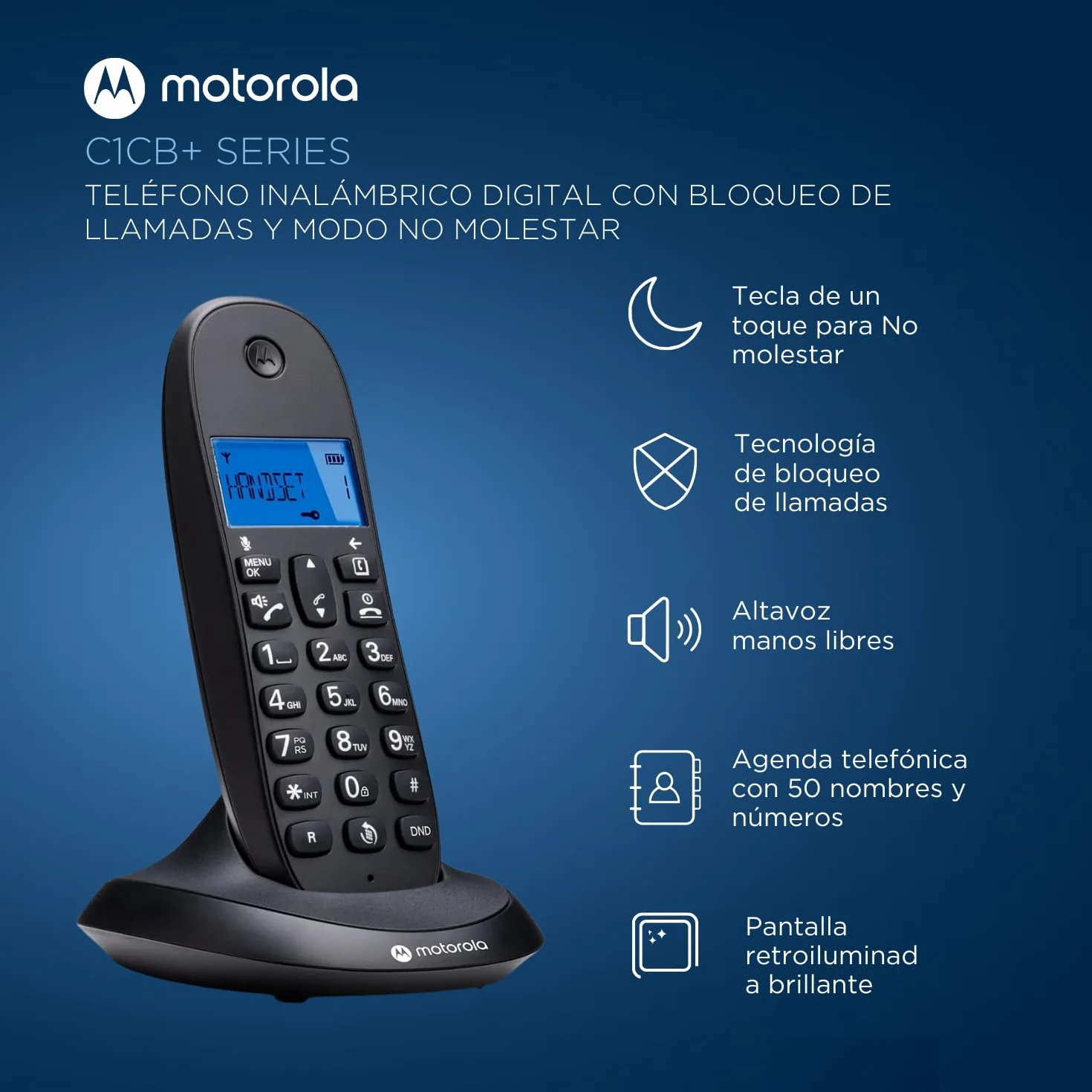 Motorola C1001CB+ Teléfono Inalámbrico Digital DECT Negro con Bloqueo de Llamadas y Manos Libres