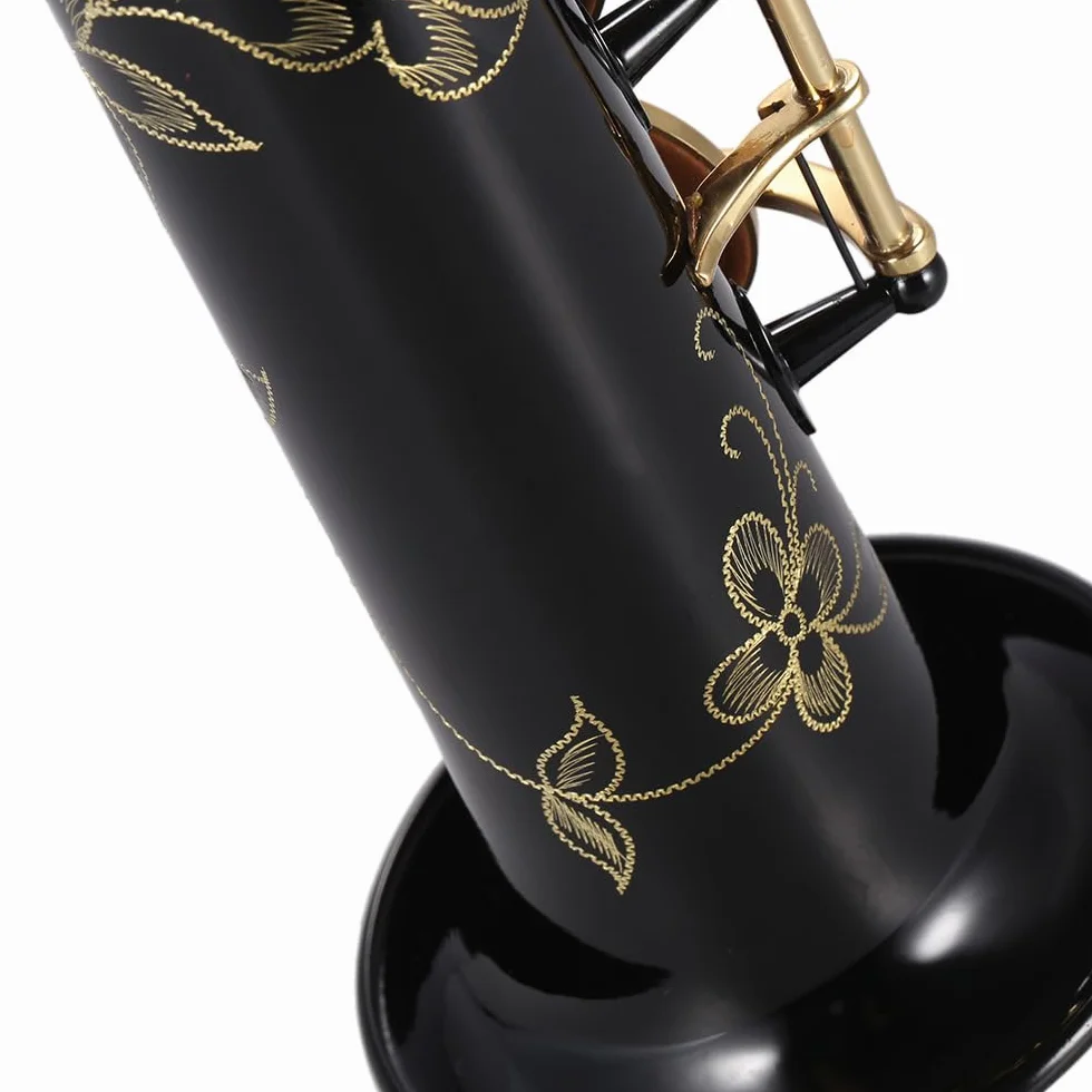 HUIOP Saxofón soprano recto de latón Saxofón Bb B Instrumento de viento de madera plano Patrón tallado de llave de concha natural con estuche de transporte Guantes Paño de limpieza Correas Varilla de