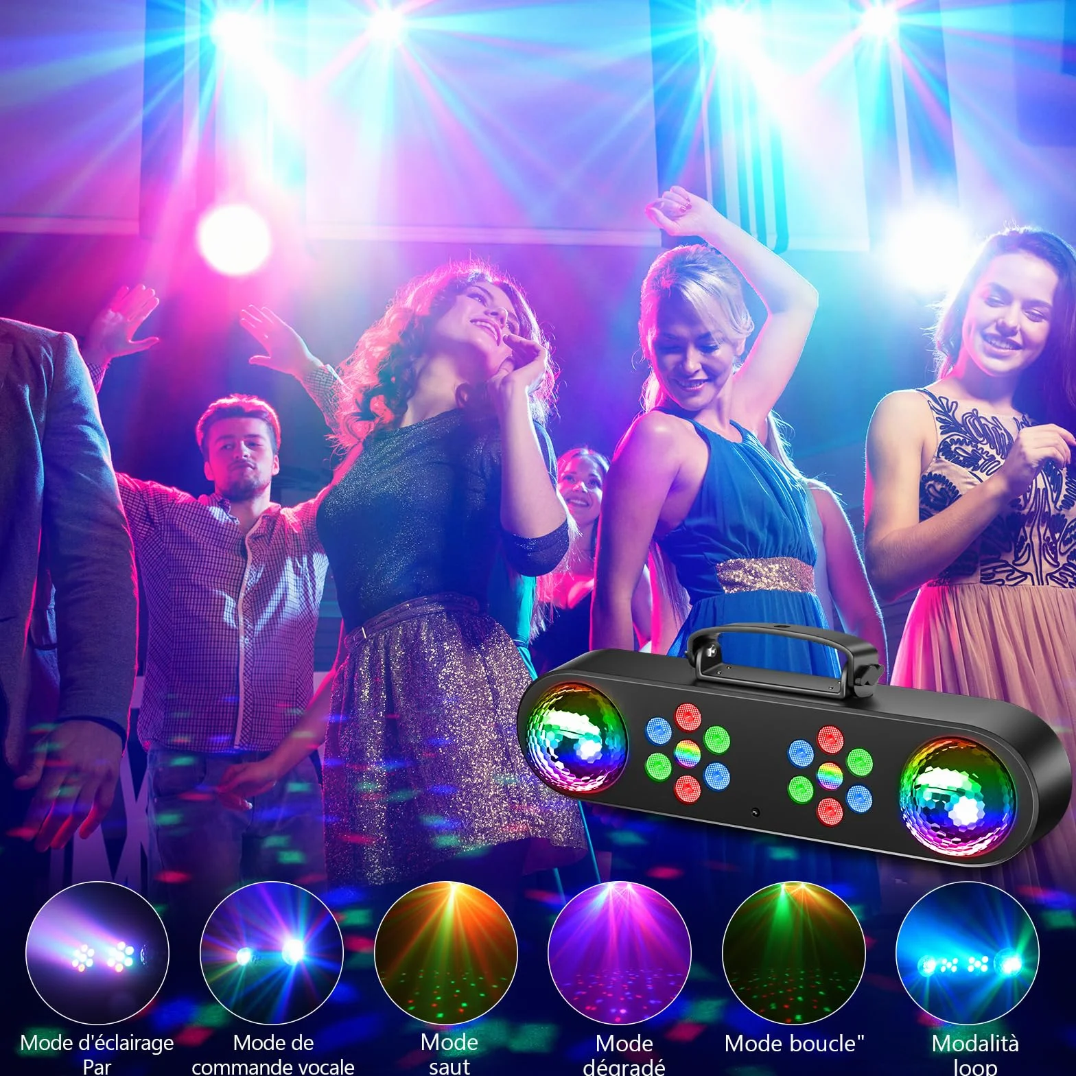 Luz de discoteca 4 en 1 con soporte, bolas de discoteca, luces PAR y mando a distancia,Sistema de iluminación de escenario con sonido activado, para bar, mudanza, boda, Halloween, Navidad