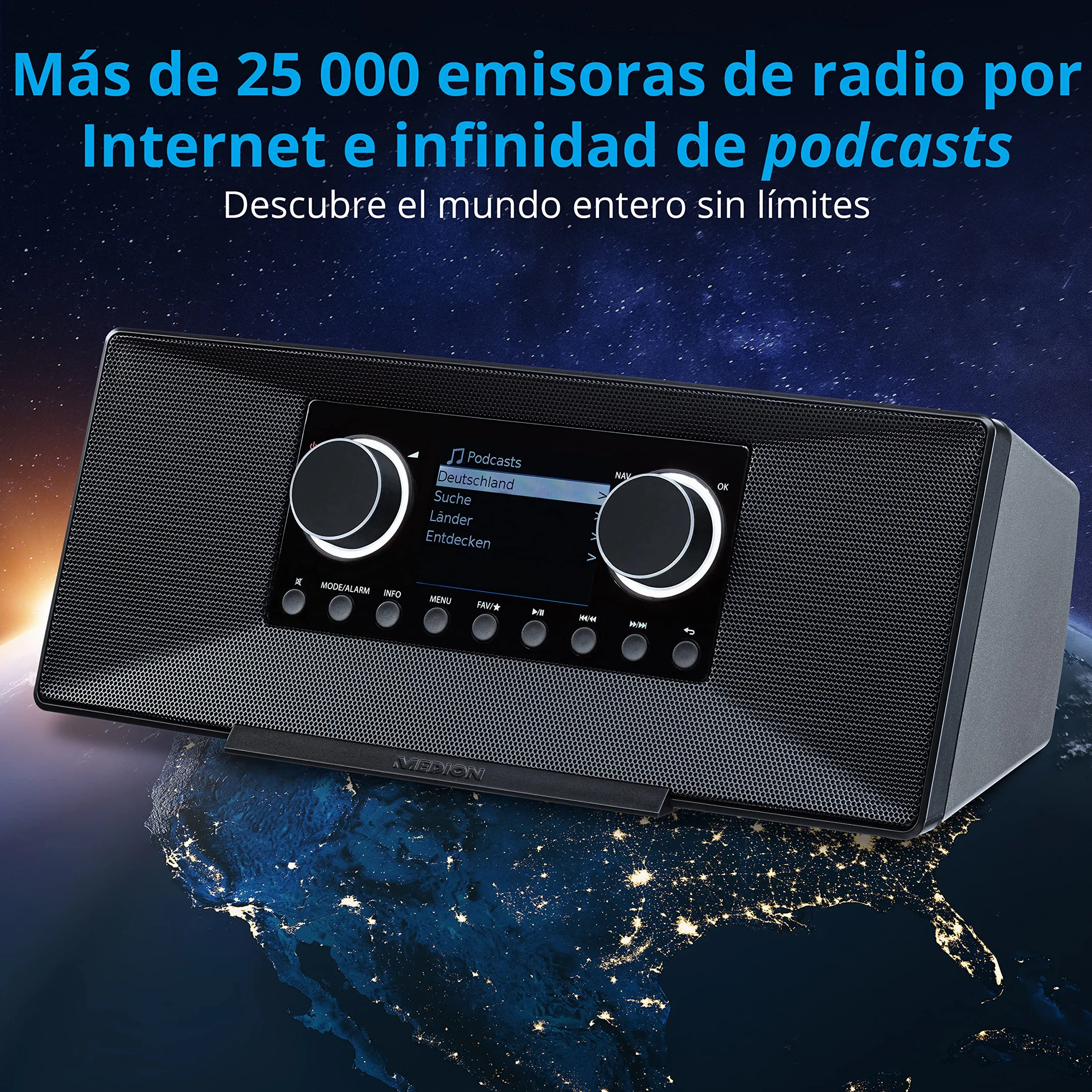 MEDION Radio por Internet P85289 con Dab+ (WiFi, FM, Spotify Connect, Amazon Music, DLNA, USB, conexión para Auriculares, AUX, LAN, Temporizador de desconexión) Negro