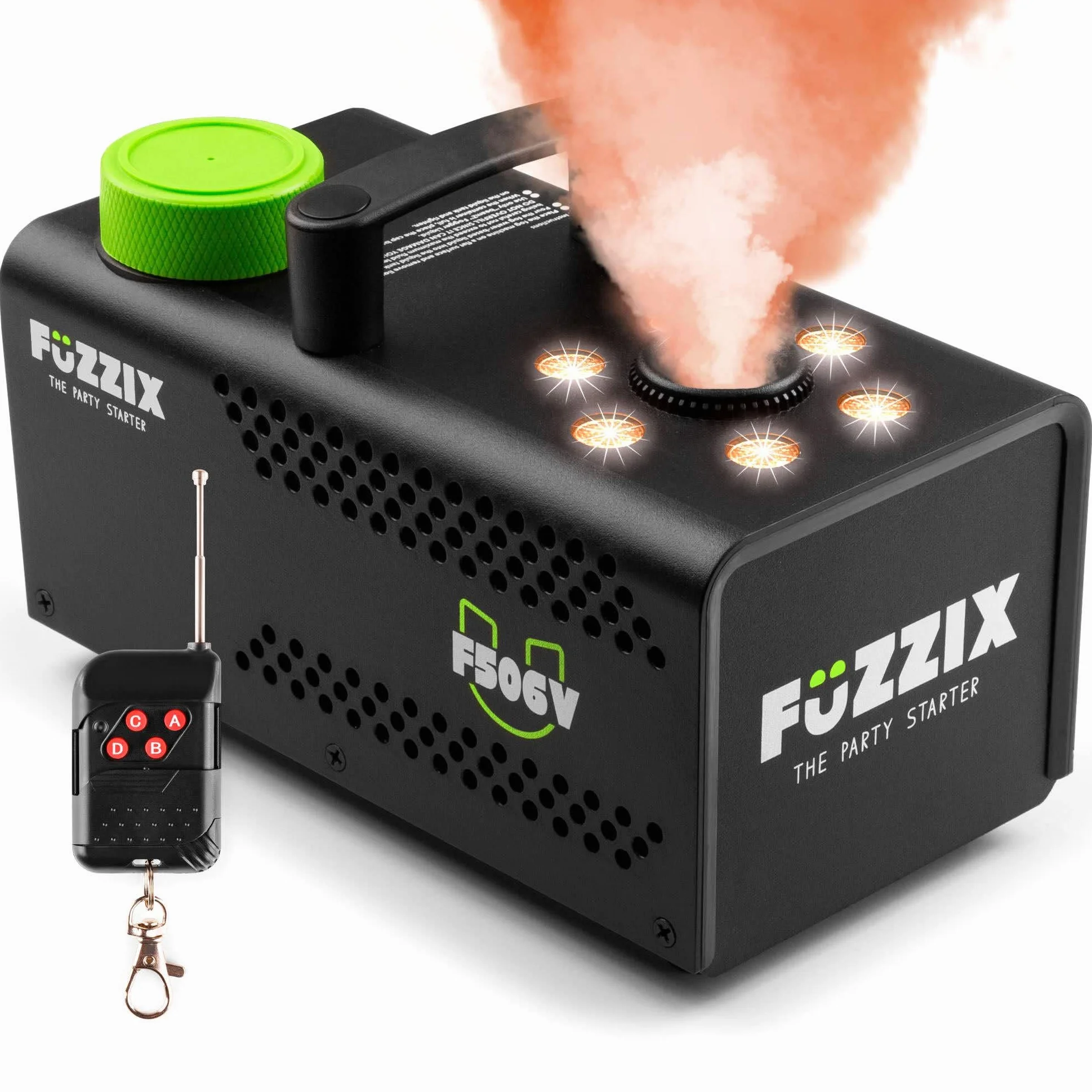 Fuzzix F506V – Set de 2 Máquinas de Humo Vertical 500W con LEDs RGB, Función Estroboscópica, Control Remoto Inalámbrico, Listas en 2,5 min, Incluye 1L de Líquido, para DJ y Eventos