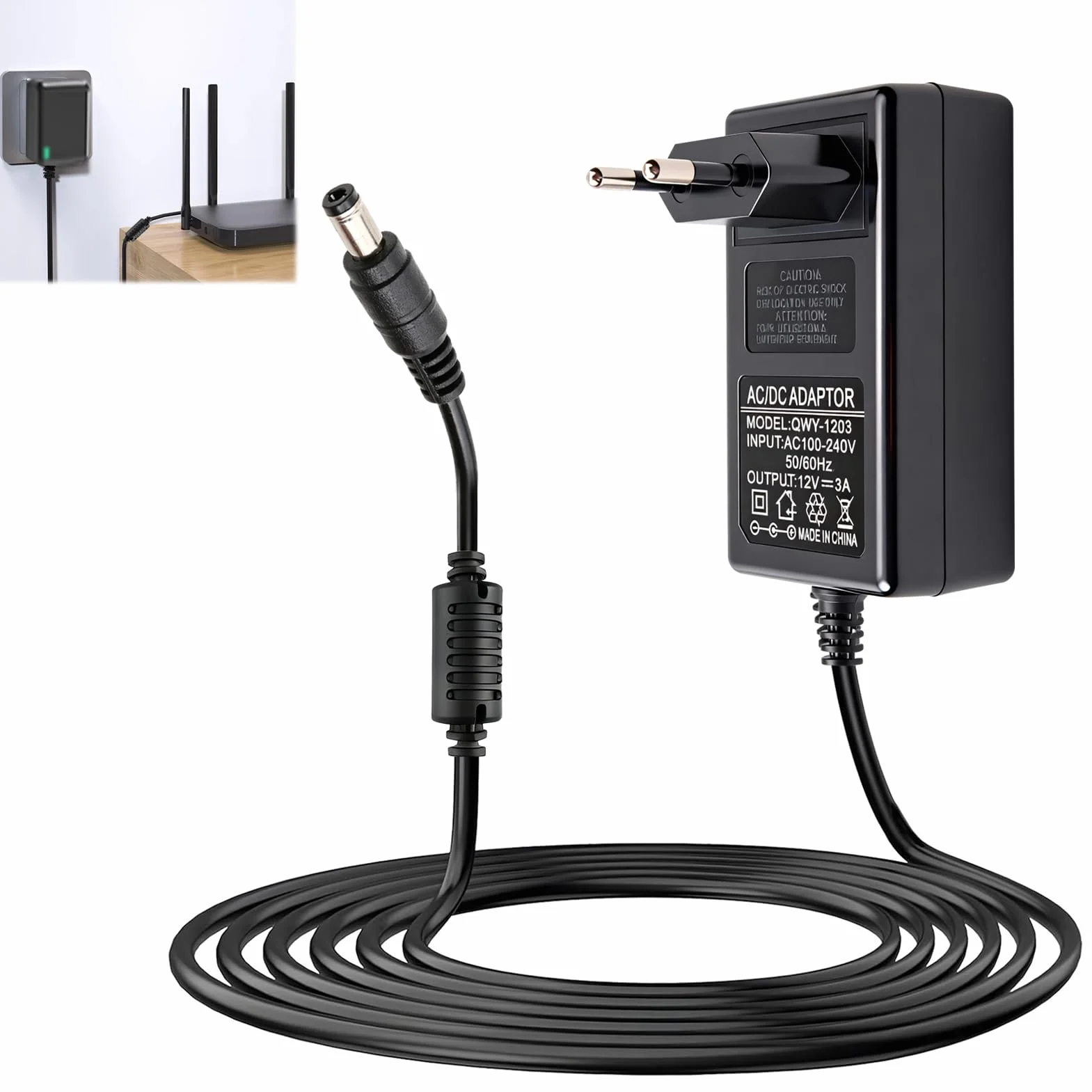 Adaptador de corriente 12 V 3 A 36 W universal AC-DC con conector 5,5 × 2,1 mm, alimentación 12 V para LED, cámaras, routers, altavoces, sistema telefónico, protección contra sobretensiones y