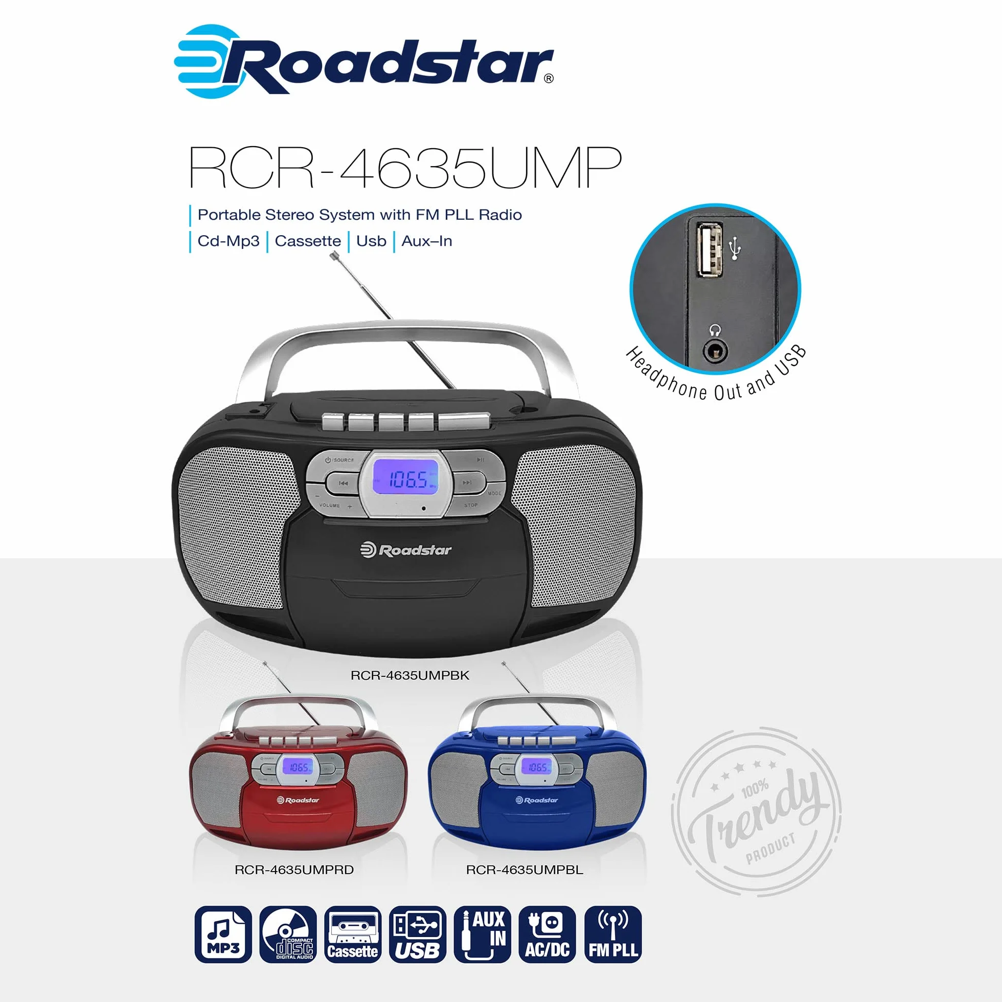Roadstar RCR-4635UMP/RD Radio CD Portátil Cassette, Radio Digital PLL FM, Boombox Reproductor CD-MP3, USB, AUX-IN, Salida de Auriculares, Rojo