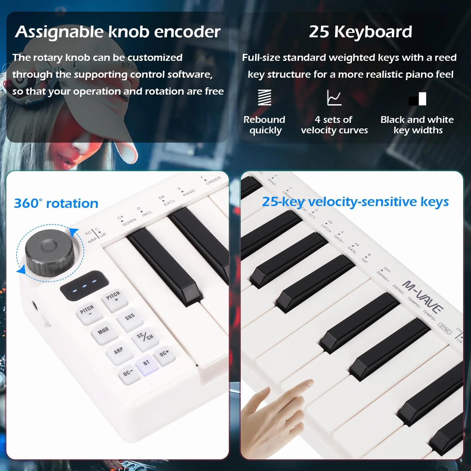 M-VAVE Teclado MIDI de 25 teclas, Mini teclado, creador de ritmos profesional y teclado para producción de música, batería integrada, conexión inalámbrica, color blanco, mini sin