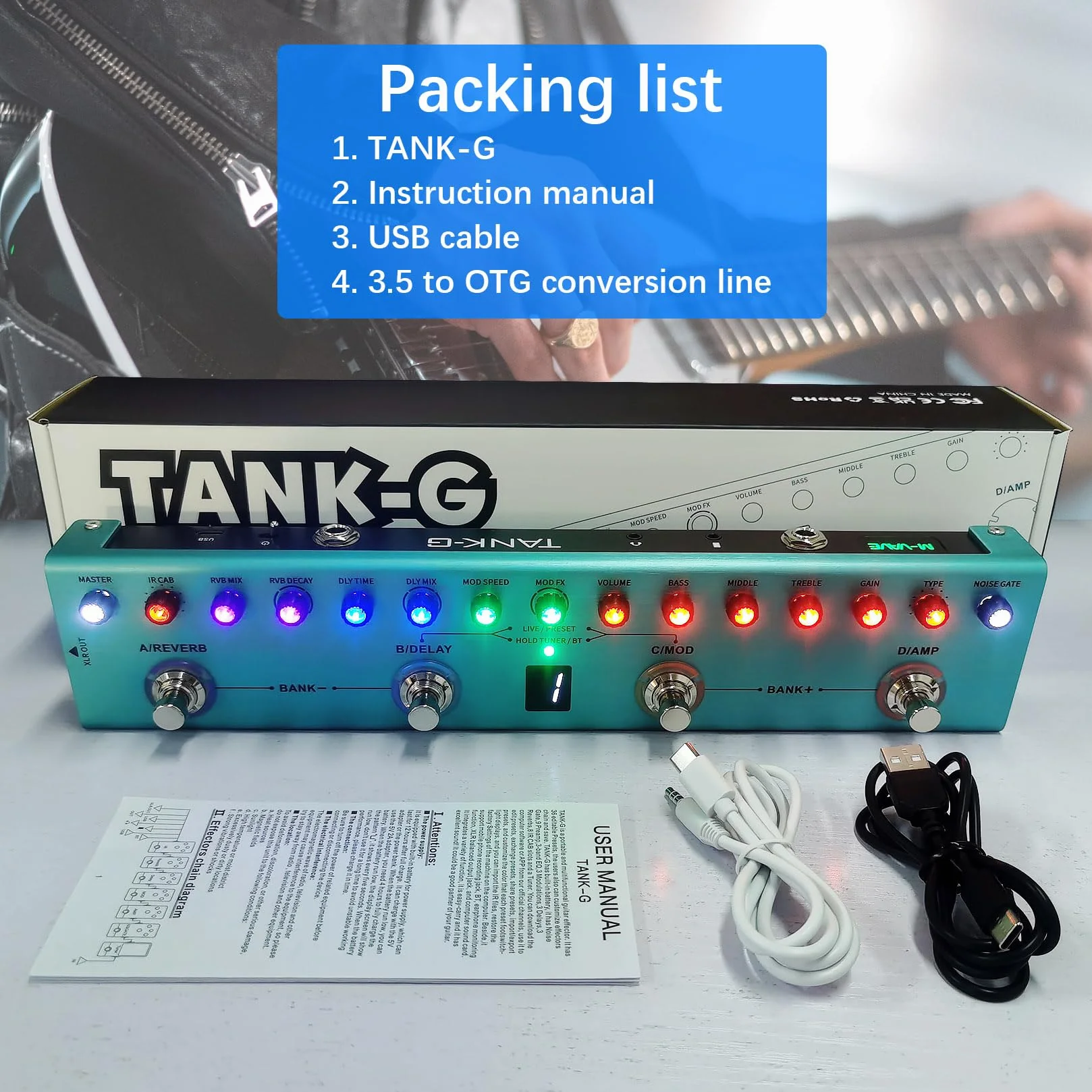 M-VAVE Pedal de guitarra TANK G V2 digital multiefecto con reverberación, retardo, MOD y amplificador, batería de litio recargable incorporada.
