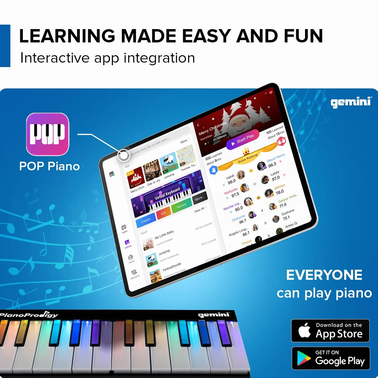 Gemini Sound PianoProdigy Teclado MIDI inalámbrico iluminado de 24 teclas GPP-101, Debe conectarse a un dispositivo iOS/Android para obtener sonido, Ampliable, Bluetooth, portátil